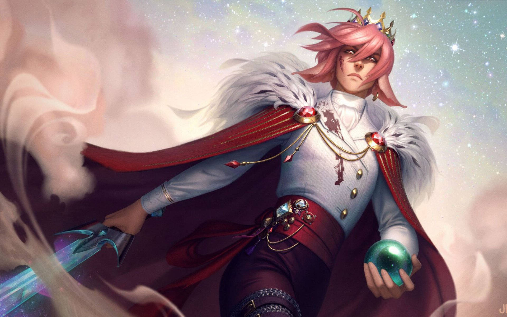 technoblade 桌布 壁紙 — 一個粉紅色頭髮、戴著皇冠、身穿紅色斗篷的人物，在星光宇宙背景下手持發光球體和劍。