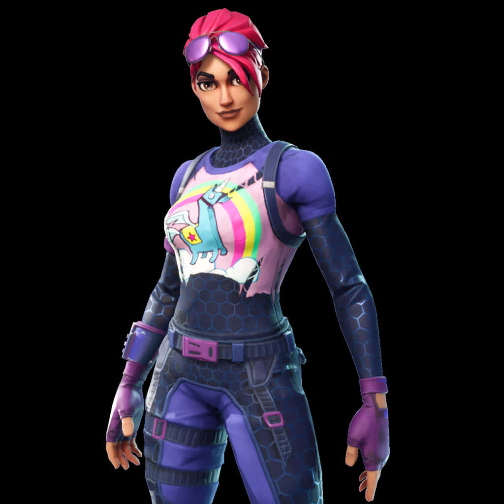 Fortnite Character 桌布 壁紙 — 一個粉紅色頭髮、戴著紫色護目鏡的Fortnite角色，在黑色背景上穿著一件鮮豔的獨角獸印花上衣，外罩深色六角圖案套裝。