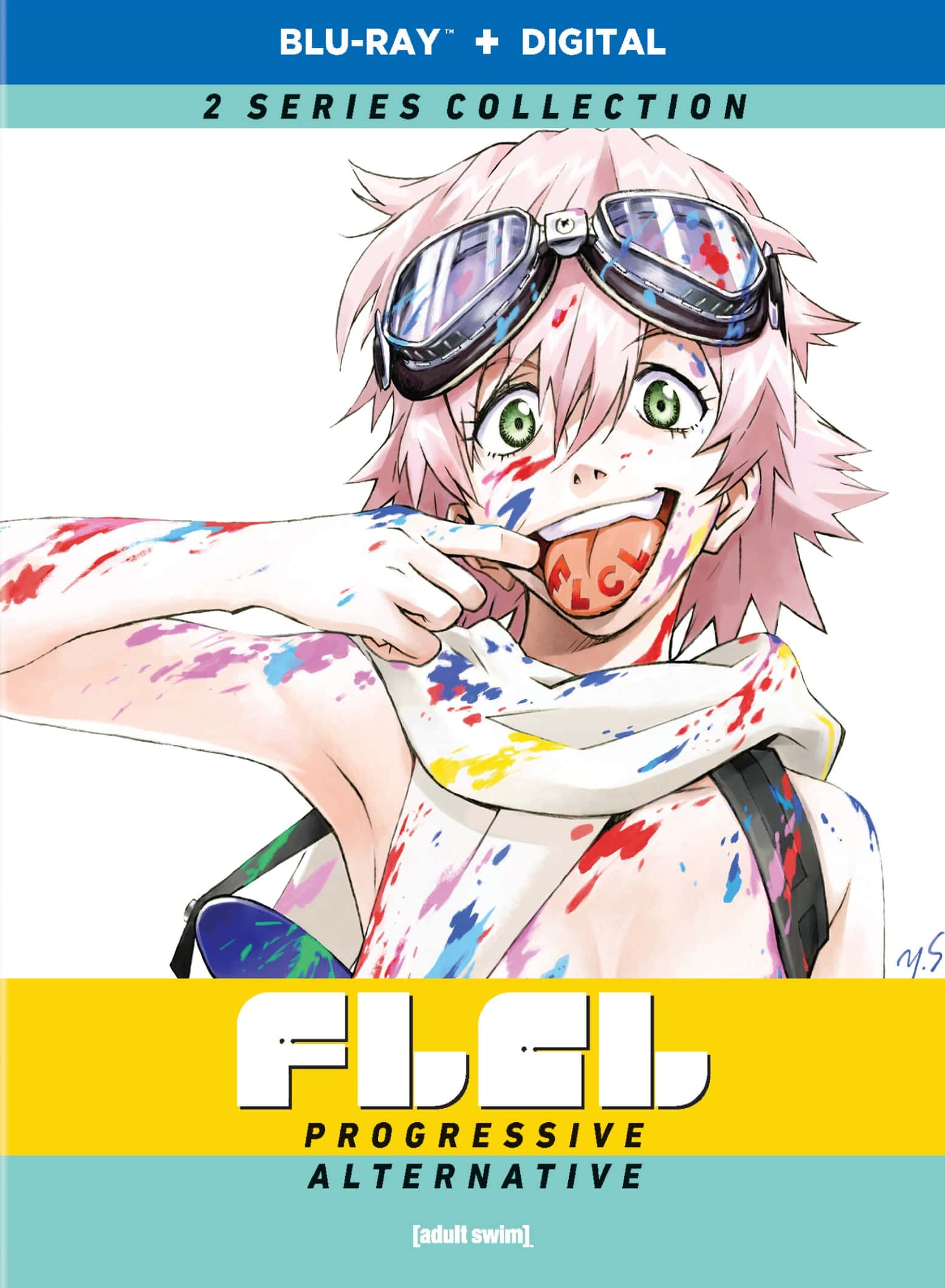 Flcl 桌布 壁紙 — 一個粉紅色頭髮、戴著護目鏡、沾滿油漆的動漫女孩，咧嘴笑著指著她舌頭上寫著的「FLCL」。