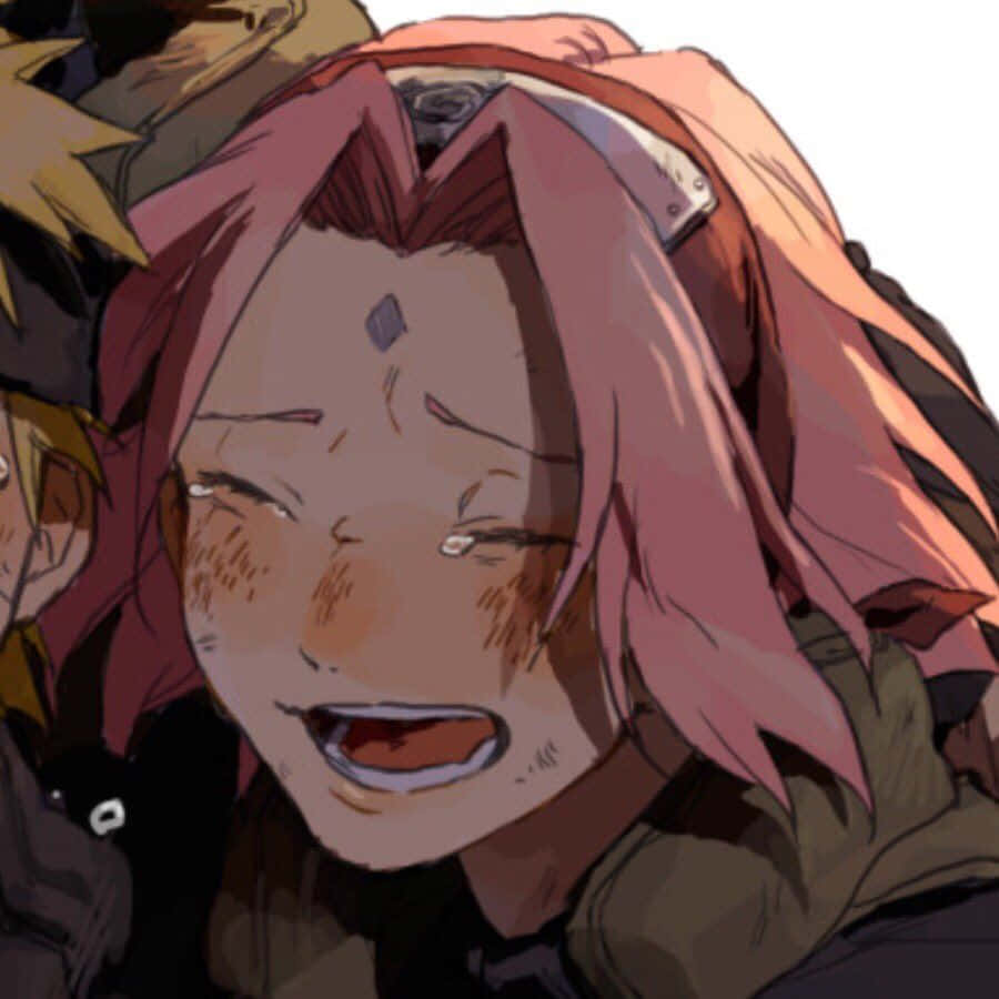 Sakura 桌布 壁紙 — 一個粉紅色頭髮、戴著額頭保護器的動漫女孩特寫，笑得開心，淚水流滿臉頰。