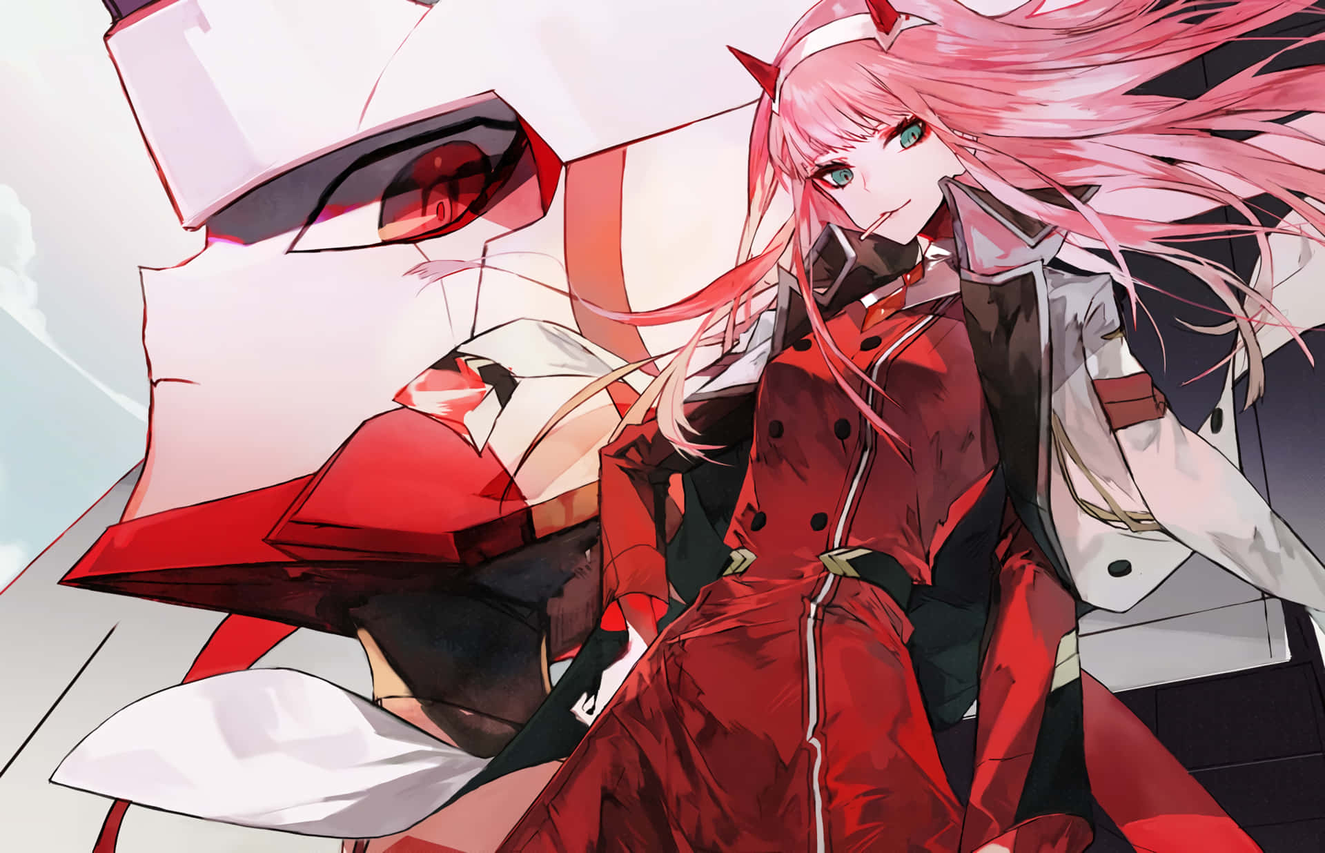 DARLING in the FRANXX 桌布 壁紙 — 一個粉紅色頭髮、有惡魔角的動漫女孩坐在一個紅色和白色、眼睛發紅光的機器人旁邊。