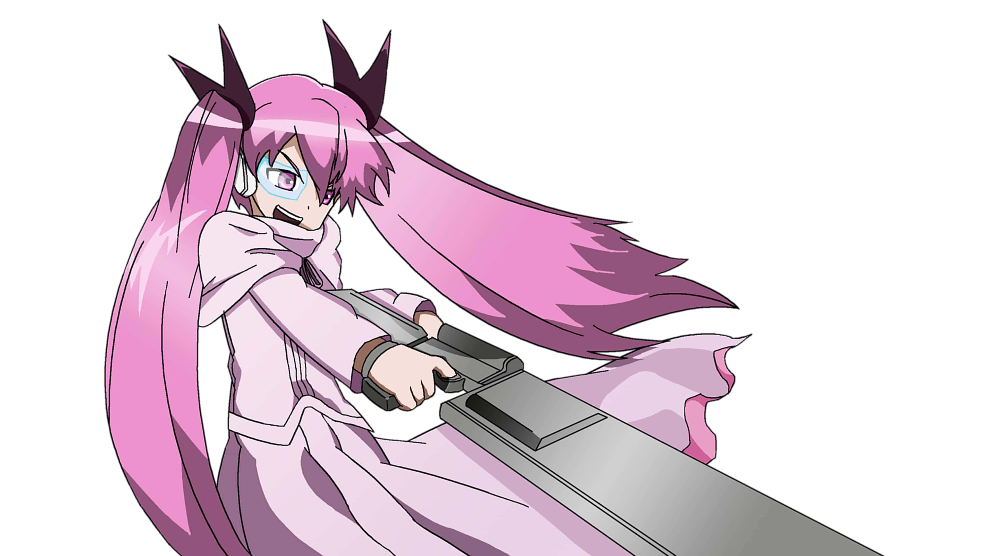 Akame Ga Kill 4K 桌布 壁紙 — 一個粉紅色頭髮、有角的動漫女孩，在純白色背景前專注地瞄準一把大槍。