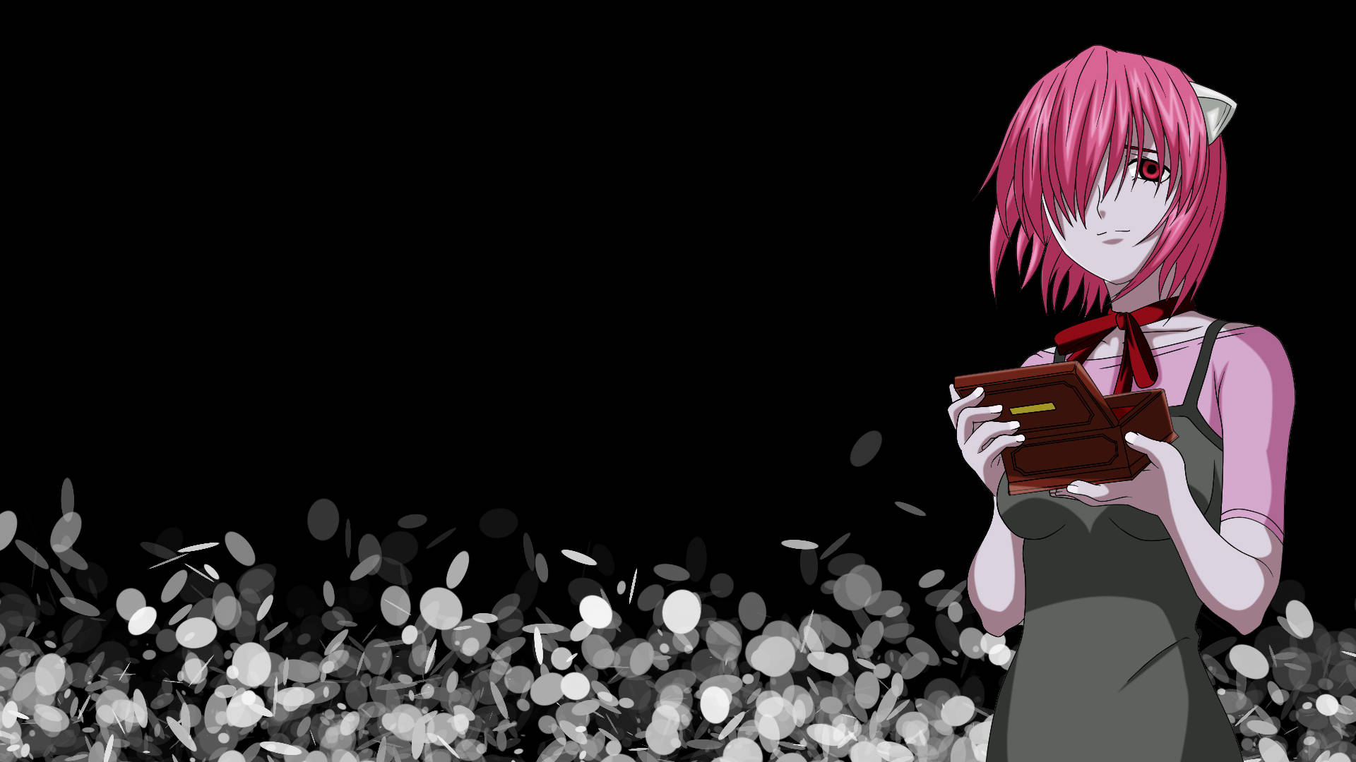 Elfen Lied 桌布 壁紙 — 一個粉紅色頭髮、有貓耳的動漫女孩在黑色背景前，在銀幣雨中拿著一個錢包。