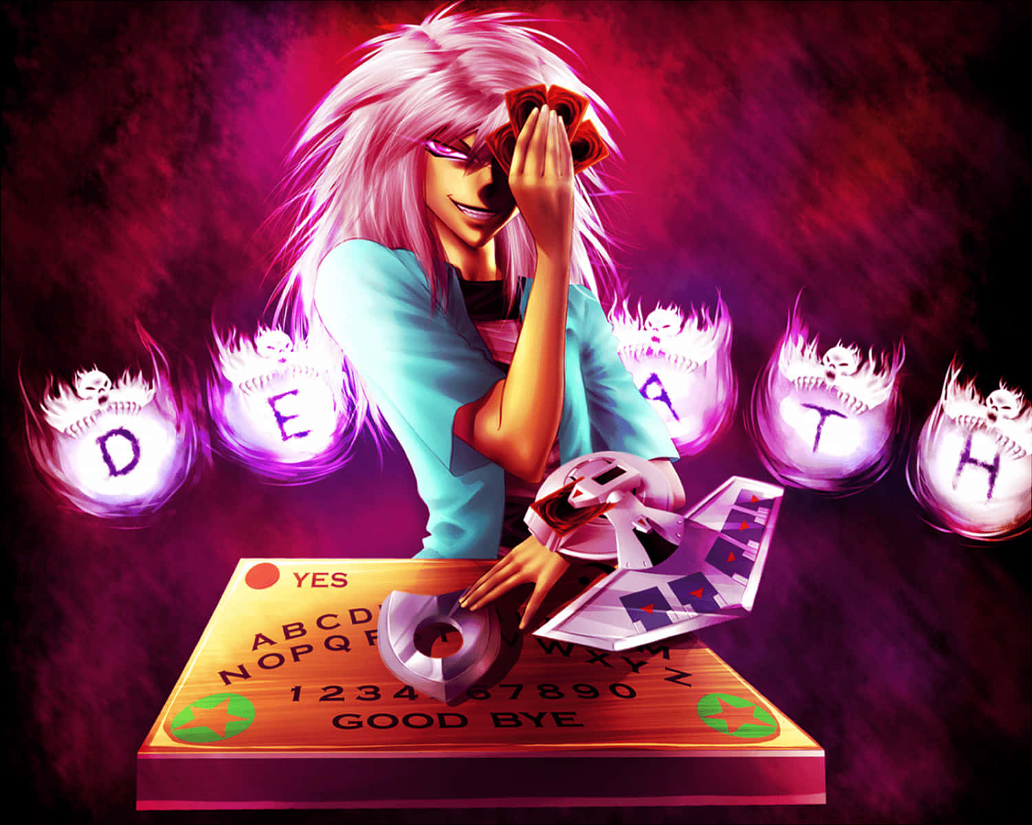 Yami Bakura 桌布 壁紙 — 一個粉紅色頭髮、眼睛發光的動漫角色在通靈板之上拿著卡牌，而漂浮的骷髏頭用紫色火焰拼出死亡。
