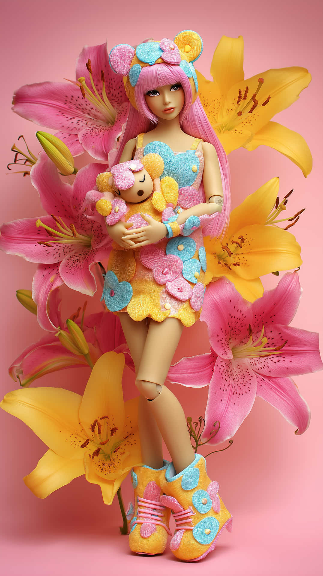 Articulated Doll Holding Teddy with Flowery Attire and Lilies 壁紙 — 一個粉紅色頭髮、穿著花卉服裝的洋娃娃，在柔和的粉紅色背景下，被粉紅色和黃色百合花包圍，抱著一隻泰迪熊。