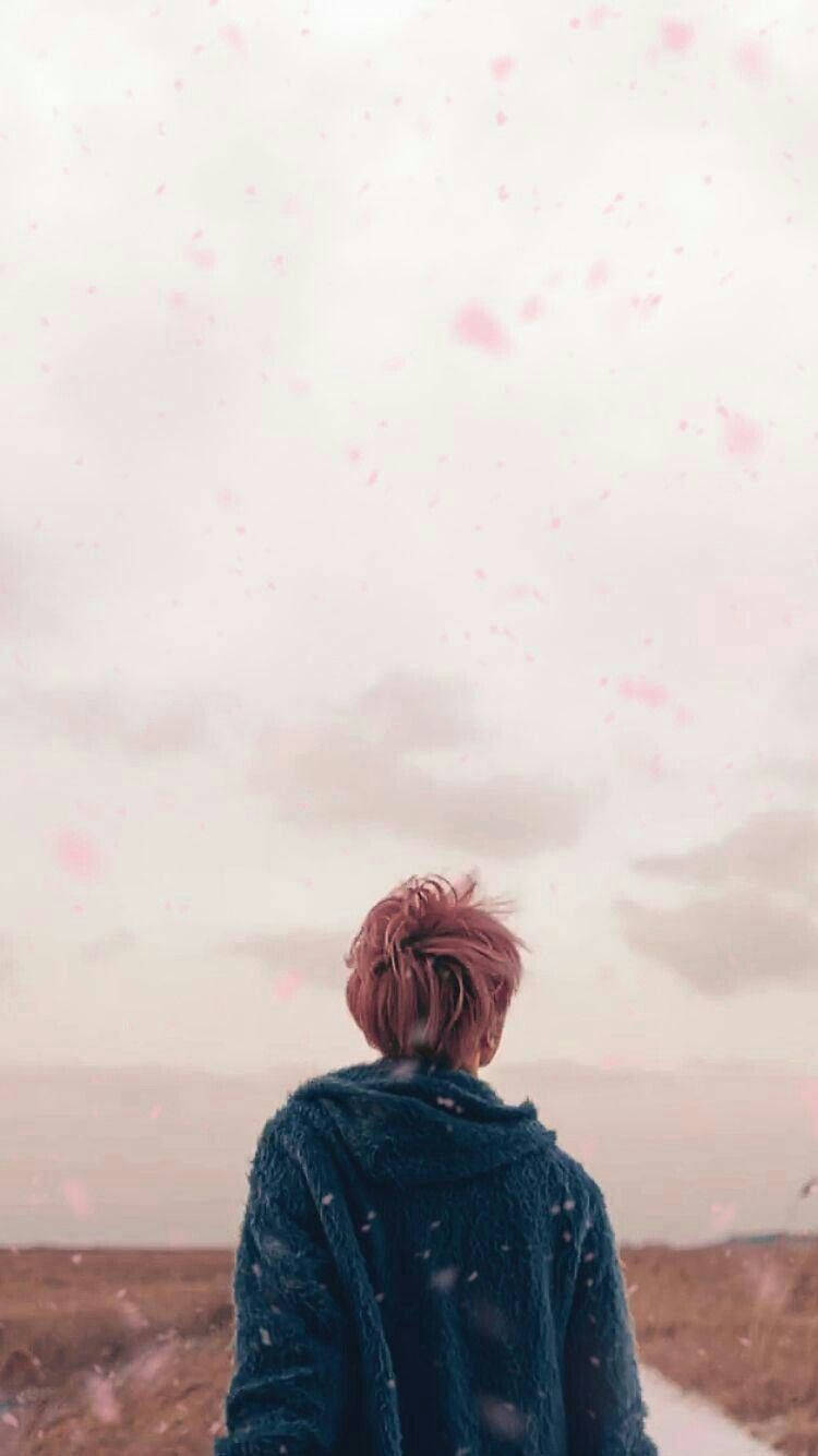美學 BTS 桌布 壁紙 — 一個粉紅色頭髮、穿著藍色連帽衫的人獨自站在田野中，粉紅色的花瓣在柔和的粉彩天空中飄揚。