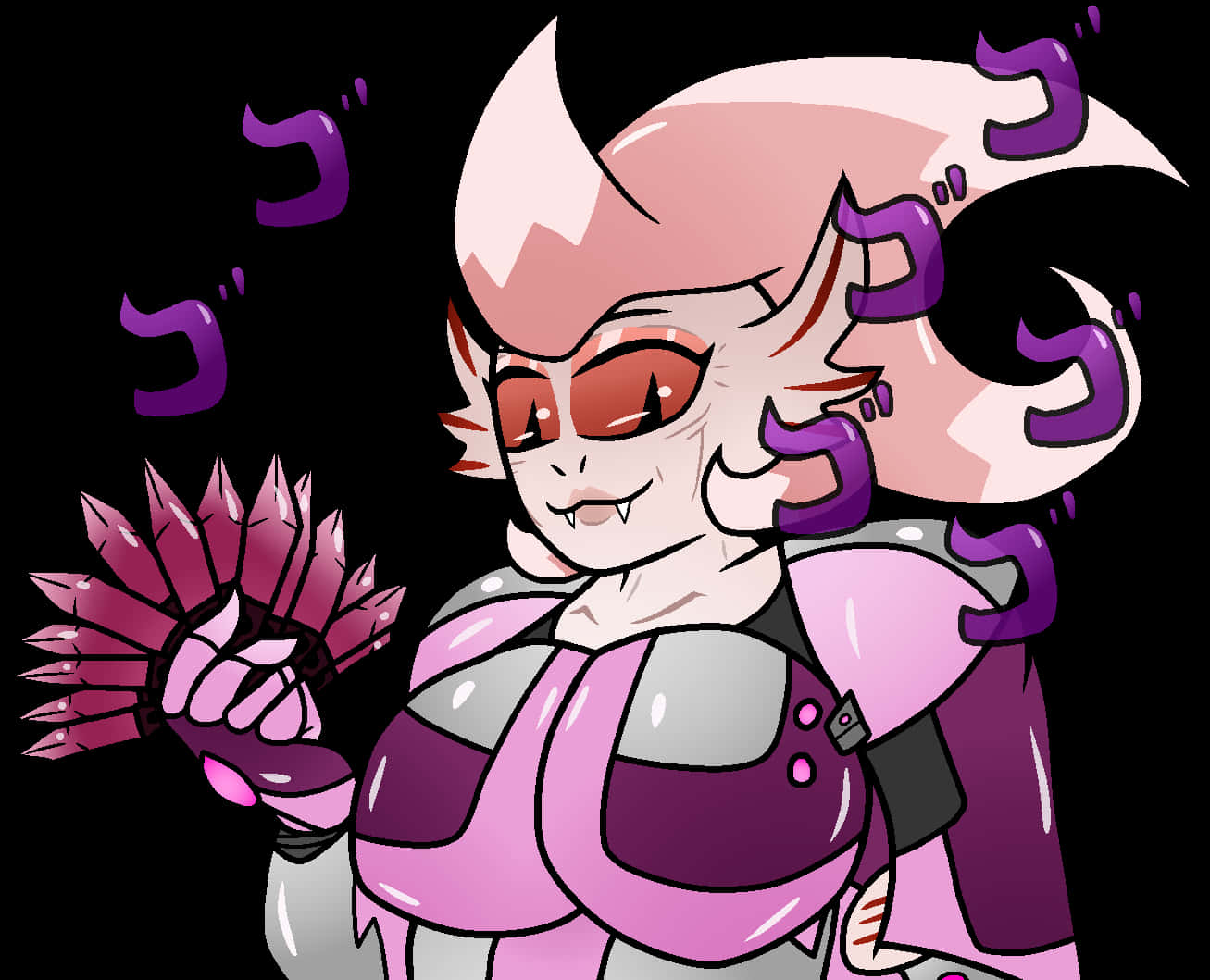 Jojo Menacing 桌布 壁紙 — 一個粉紅色頭髮、紅色眼睛、帶有紫色觸手的動漫角色，在黑色背景前揮舞著帶刺的扇子。