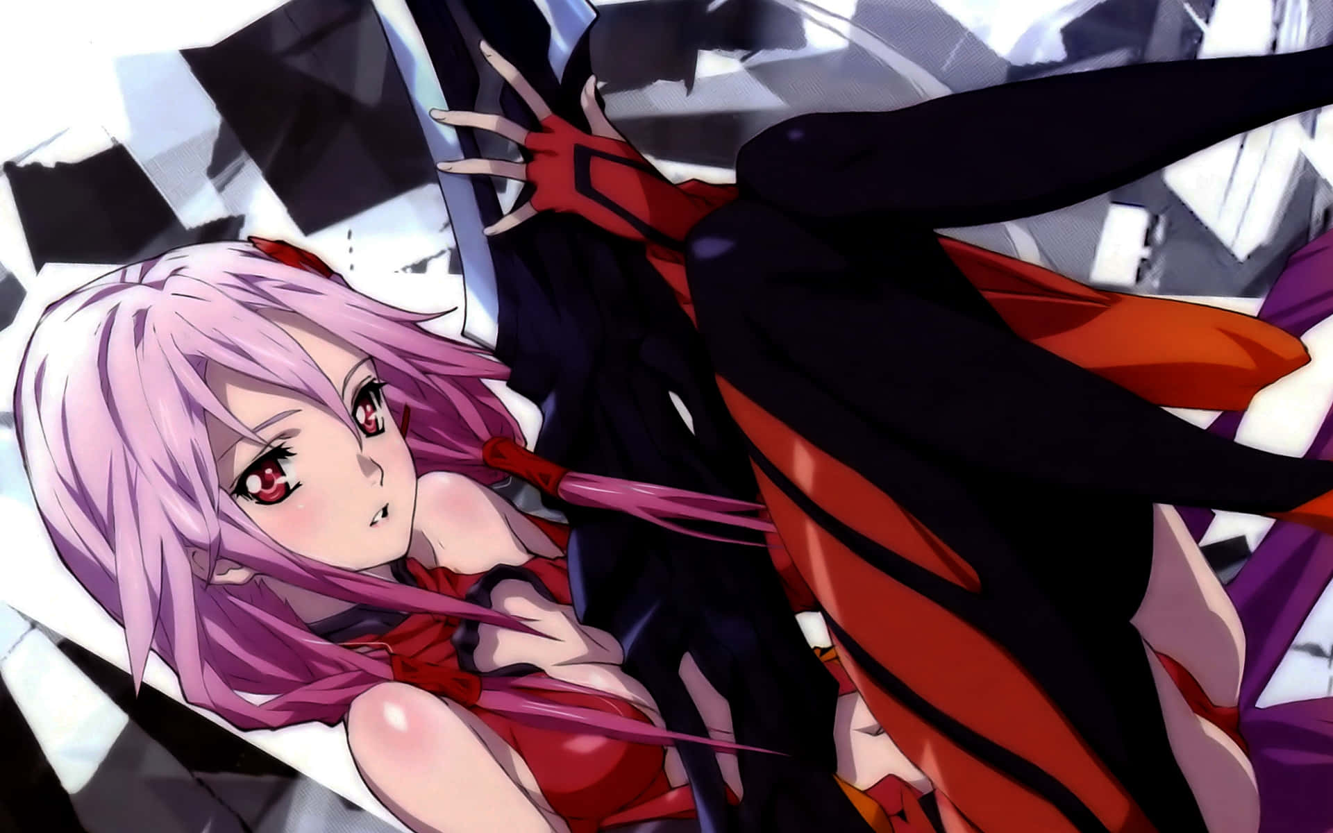 Guilty Crown 桌布 壁紙 — 一個粉紅色頭髮、紅色眼睛的動漫女孩躺在碎玻璃中，場景動態且對比強烈。