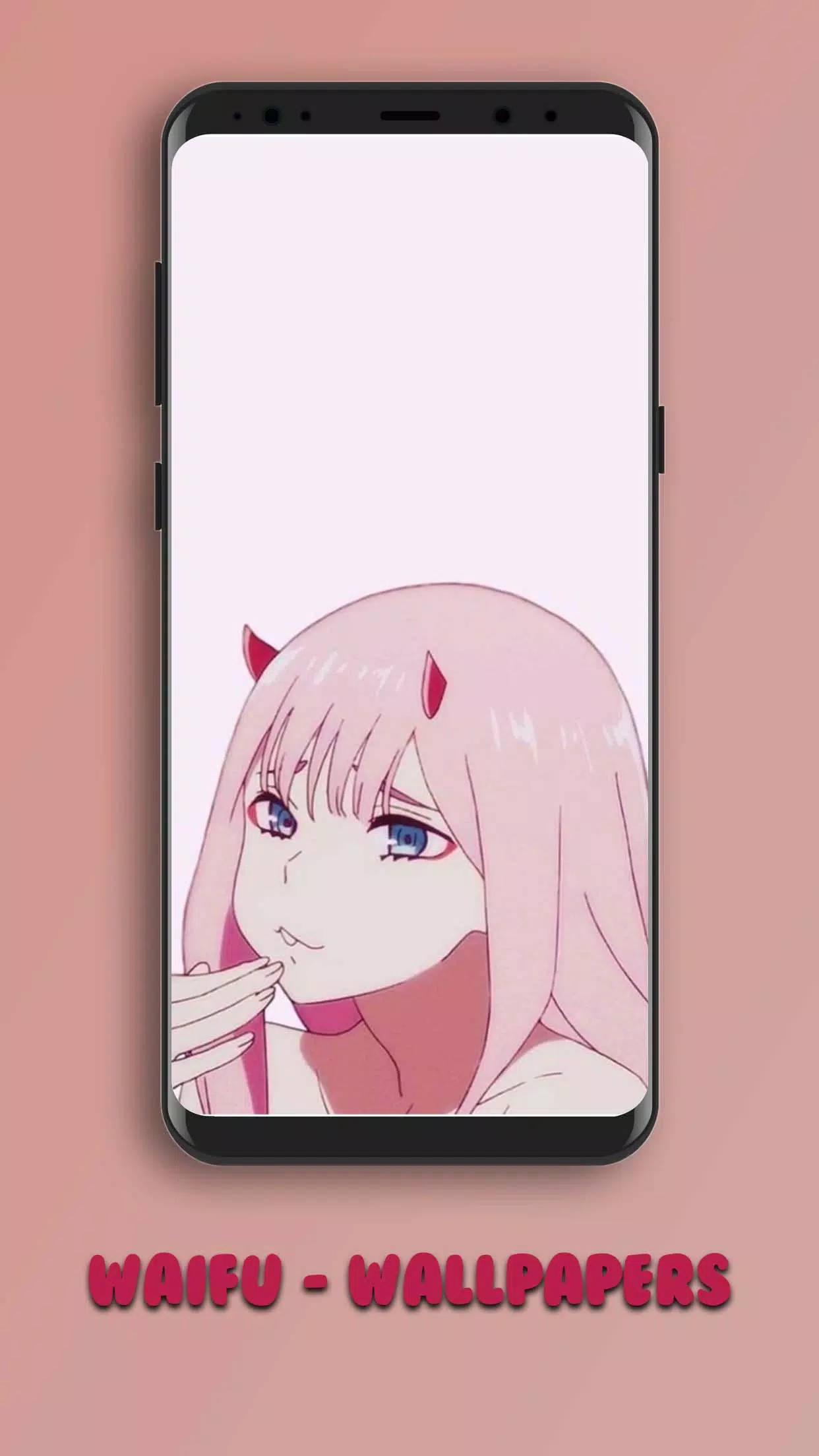 Waifu 桌布 壁紙 — 一個粉紅色頭髮、紅色角的動漫女孩在智慧型手機螢幕上溫柔地微笑，背景是柔和的粉紅色。