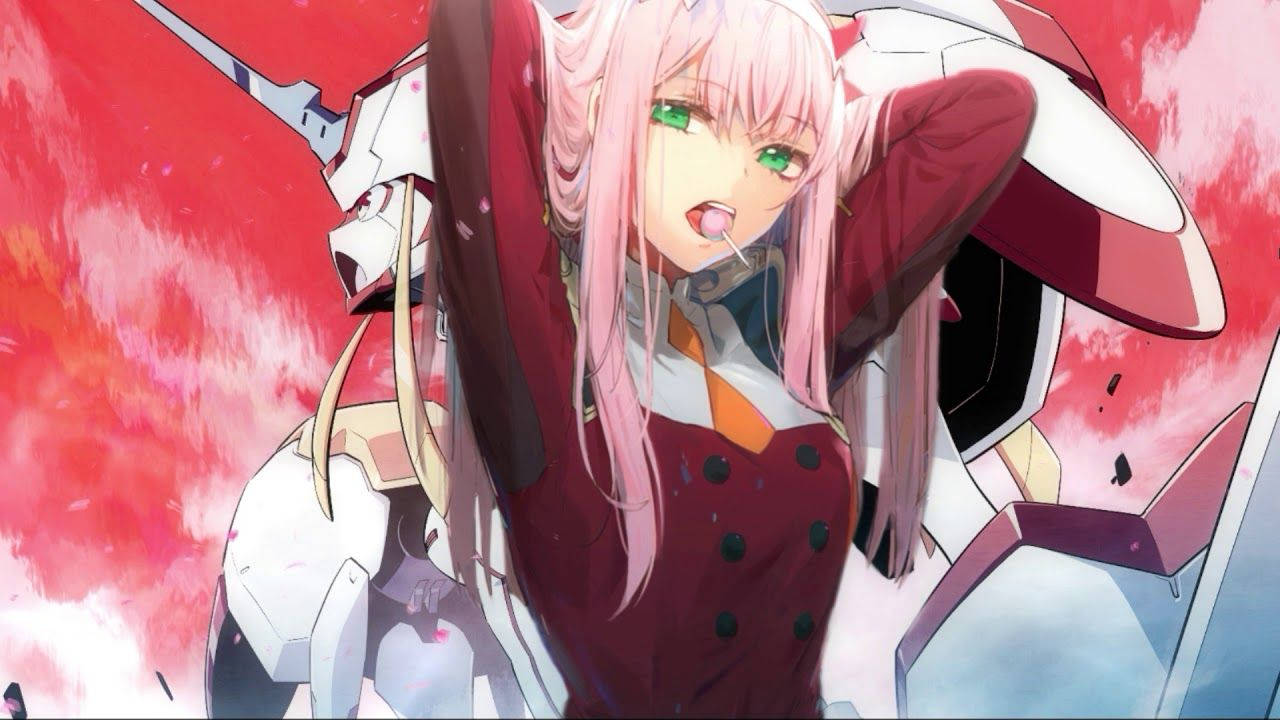 Darling In The Franxx 桌布 壁紙 — 一個粉紅色頭髮、綠色眼睛的動漫女孩伸出舌頭，站在一個白色和紅色的機甲旁邊，背景是火紅色的。