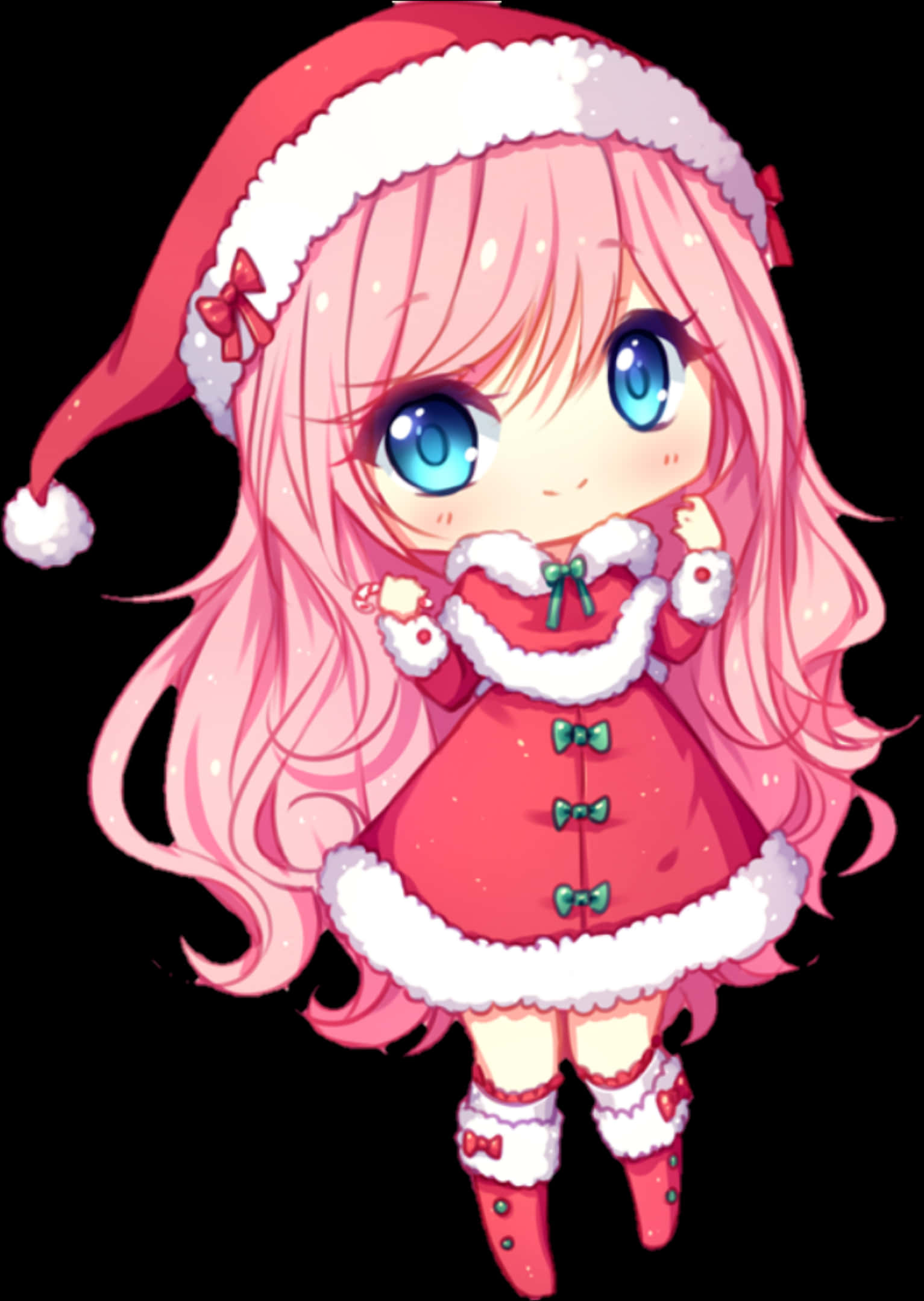 Anime Chibi 桌布 壁紙 — 一個粉紅色頭髮、藍色眼睛的Q版動漫女孩，穿著節日紅色聖誕老人服裝，帶有白色飾邊和綠色蝴蝶結，背景為黑色。