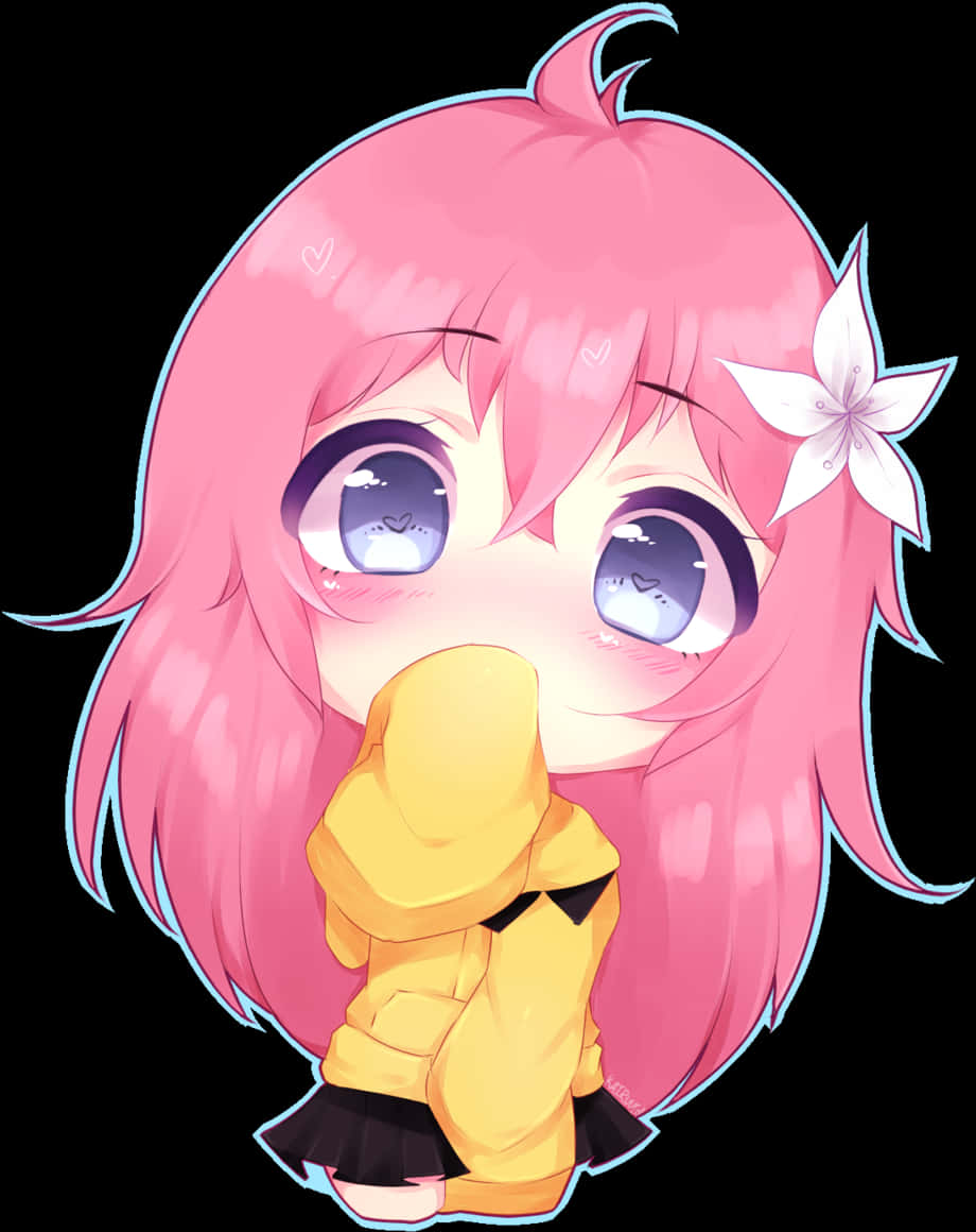 Anime Chibi 桌布 壁紙 — 一個粉紅色頭髮、藍色眼睛的Q版動漫女孩，在黑色背景前用黃色連帽衫遮住嘴巴。