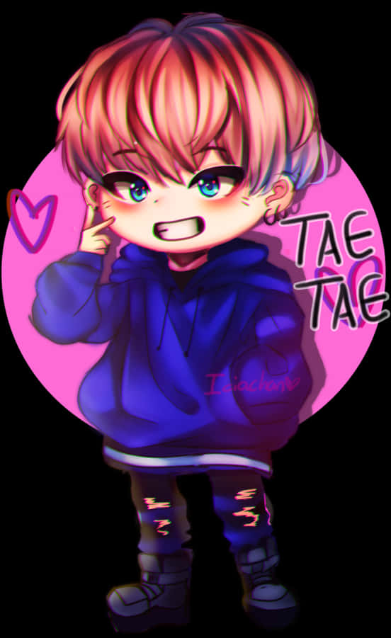 Anime Chibi 桌布 壁紙 — 一個粉紅色頭髮、藍色眼睛的Q版動畫男孩，在粉紅色圓形背景前微笑著指向自己的耳朵。