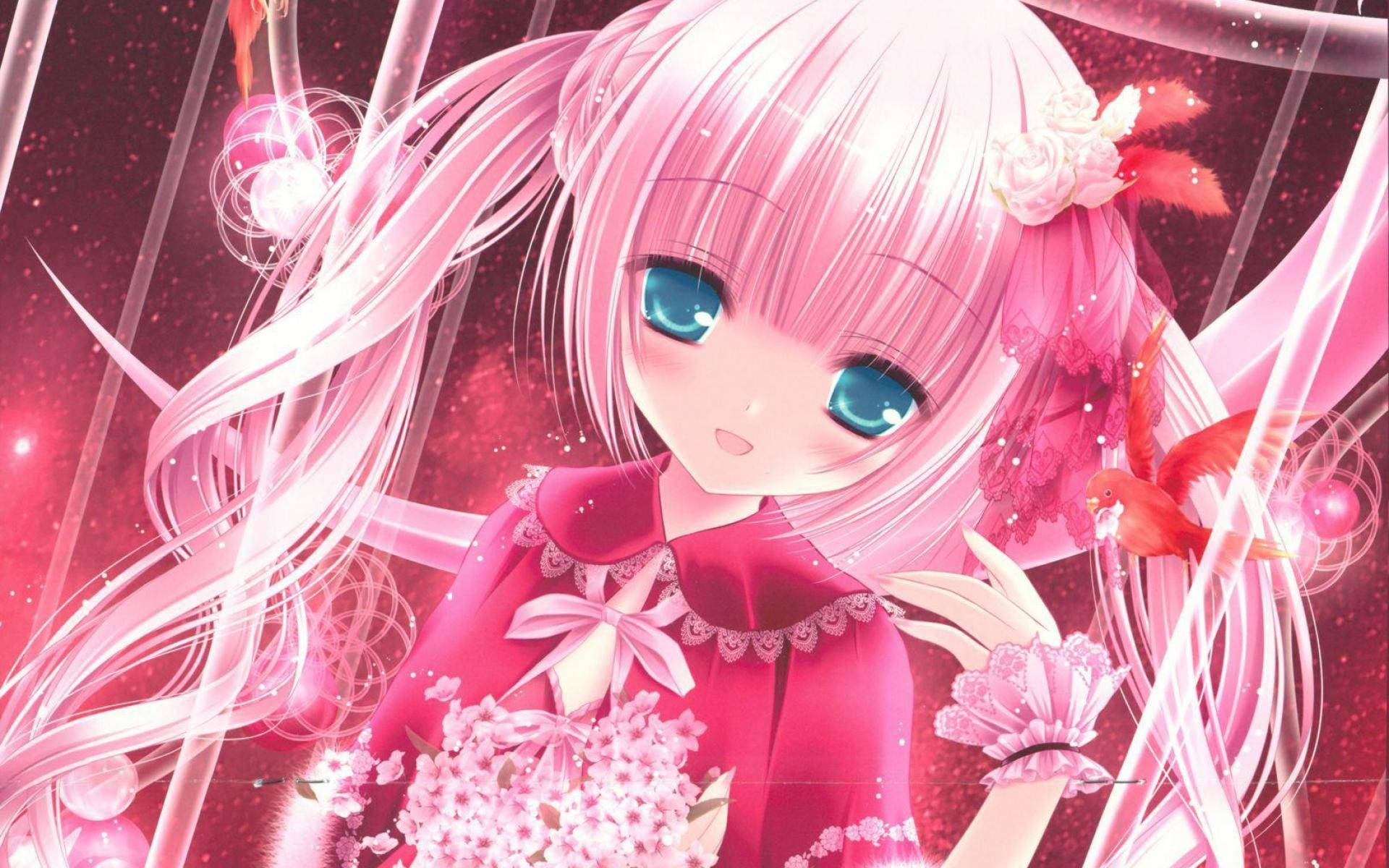 Cute Pink Girl 桌布 壁紙 — 一個粉紅色頭髮、藍色眼睛的動漫女孩，在閃爍的粉紅色宇宙背景下手持櫻花。