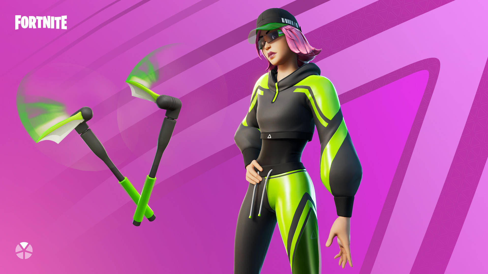 Fortnite 造型 桌布 壁紙 — 一個粉紅色頭髮、身穿螢光綠色服裝的《要塞英雄》角色，在充滿活力的紫色幾何背景前揮舞著發光的斧頭。