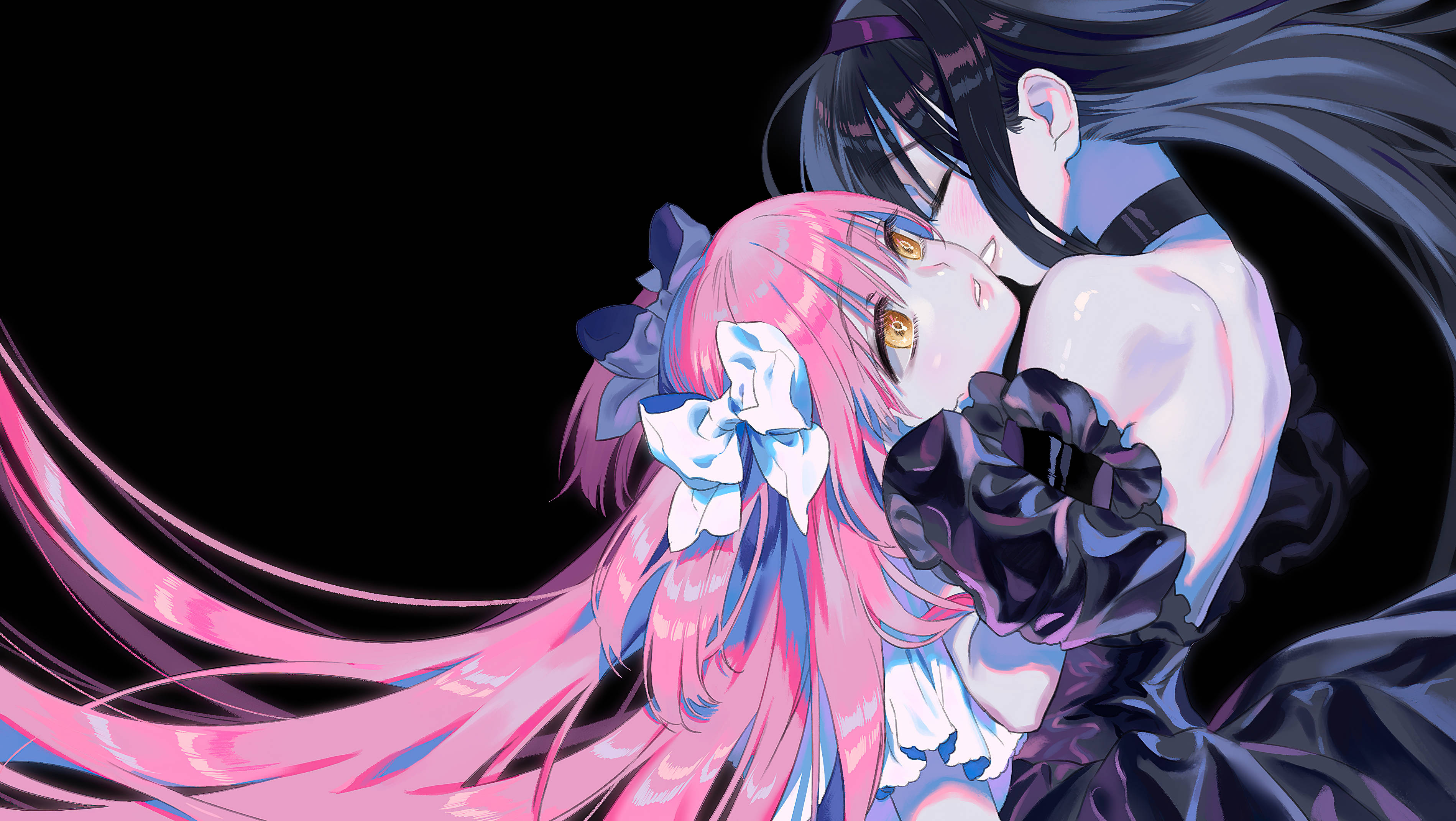 Madoka 桌布 壁紙 — 一個粉紅色頭髮、金色眼睛的動漫女孩在黑色背景前被一個深色頭髮的人物擁抱。