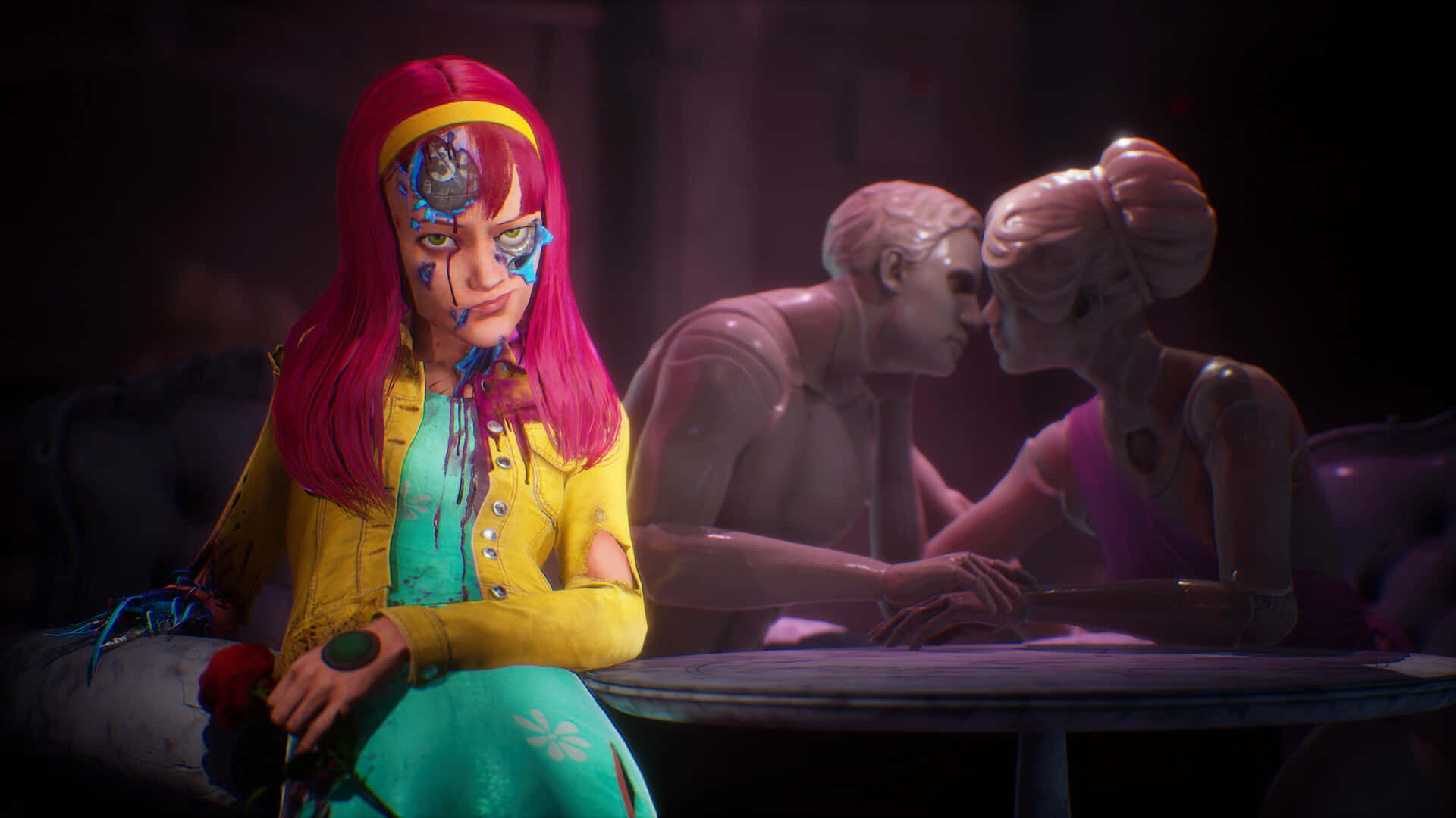 Game Trailers 桌布 壁紙 — 一個粉紅色頭髮和機械面孔的角色獨自坐著，手持一朵玫瑰，而一對情侶在昏暗的背景中接吻。