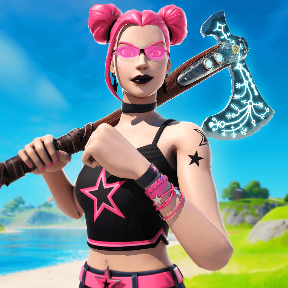 Fortnite 桌布 壁紙 — 一個粉紅色頭髮的Fortnite角色戴著太陽眼鏡，在陽光明媚的海灘背景下揮舞著發光的斧頭。