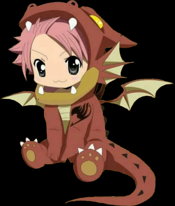Natsu 桌布 壁紙 — 一個粉紅色頭髮的Q版動漫角色，穿著可愛的紅色龍服，帶有翅膀和爪子，背景為黑色。