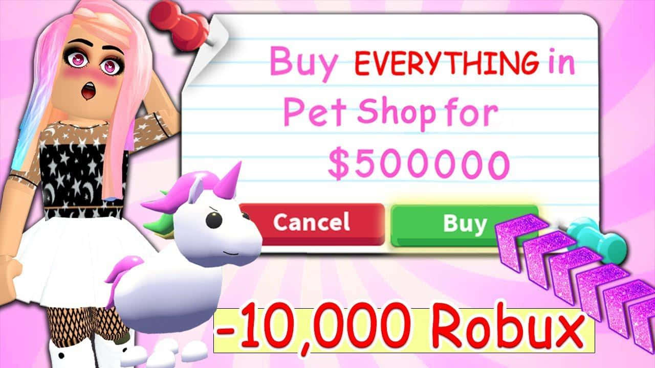 Roblox 桌布 壁紙 — 一個粉紅色頭髮的Roblox女孩和獨角獸寵物盯著一個彈出視窗，詢問是否要以500,000 Robux購買寵物店的所有東西。