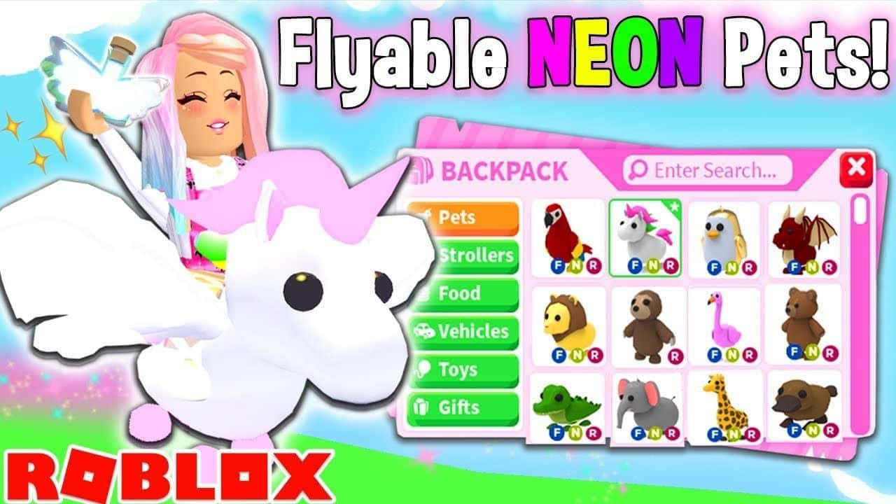 Roblox 桌布 壁紙 — 一個粉紅色頭髮的Roblox角色騎著一隻白色飛天獨角獸，而一個霓虹寵物背包顯示出色彩繽紛的動物。