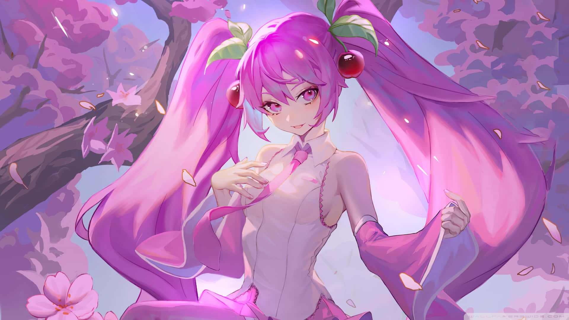Hatsune Miku 桌布 壁紙 — 一個粉紅色頭髮的動漫女孩，在盛開的櫻花樹下，櫻花瓣圍繞她飄揚。