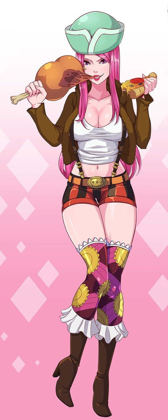 Jewelry Bonney 桌布 壁紙 — 一個粉紅色頭髮的動漫女孩，戴著綠色頭盔和圖案短褲，在粉紅色鑽石背景前拿著烤雞和一片披薩。