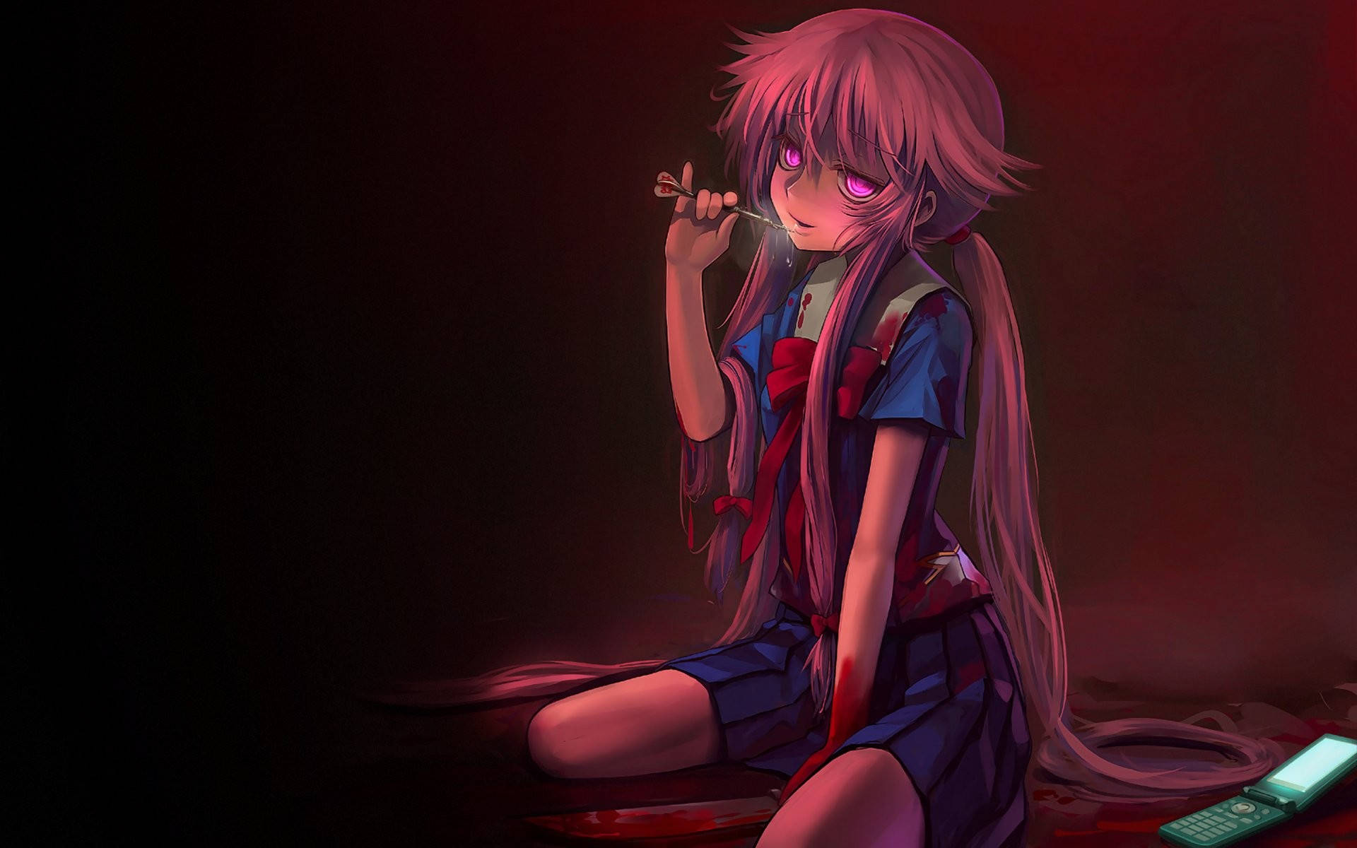 Yuno 桌布 壁紙 — 一個粉紅色頭髮的動漫女孩，眼睛發光，坐在暗紅色的房間裡，拿著一支飛鏢，衣服上有血。