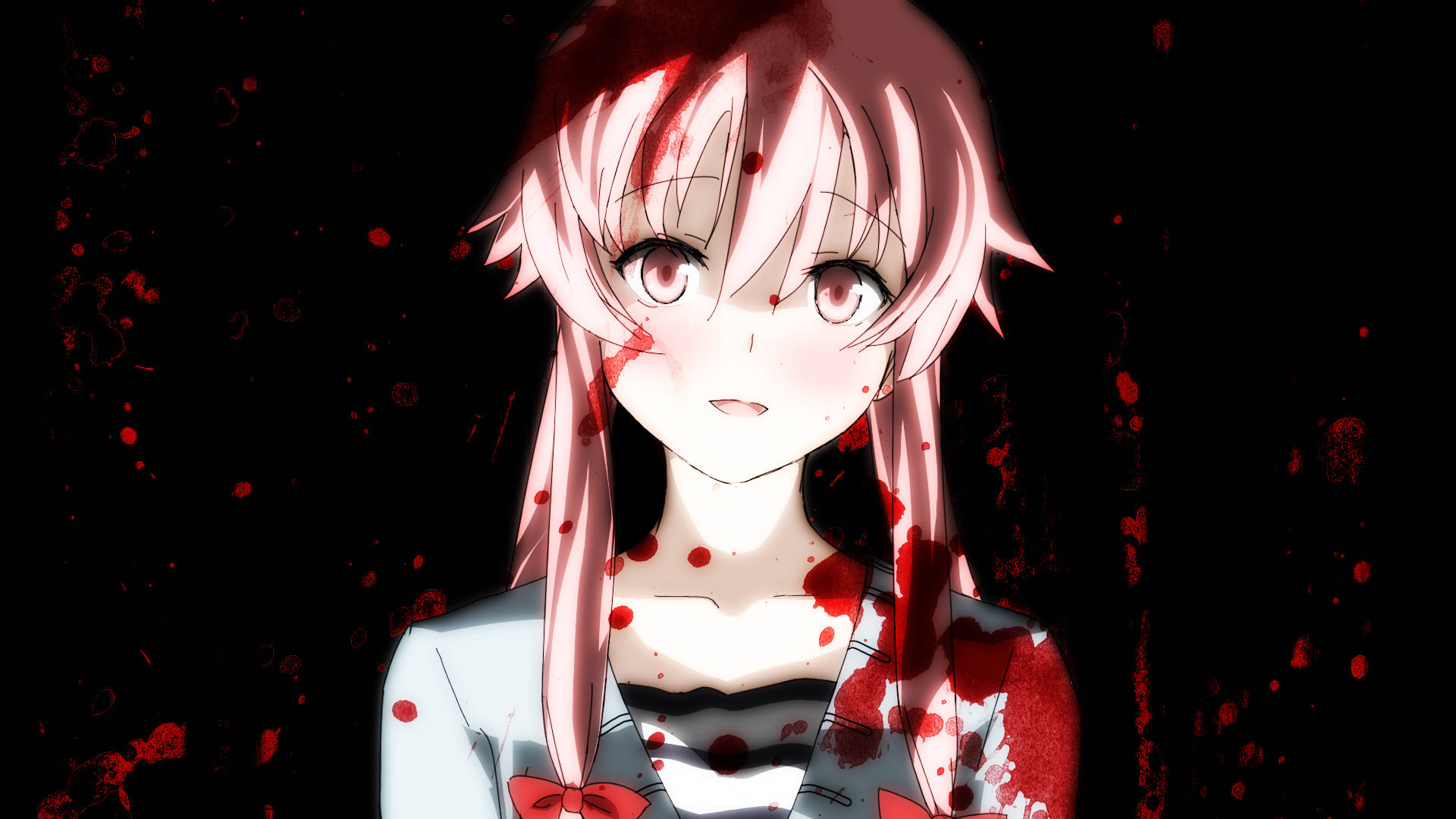 Yuno 桌布 壁紙 — 一個粉紅色頭髮的動漫女孩，臉上和衣服上沾滿血跡，背景為黑色。