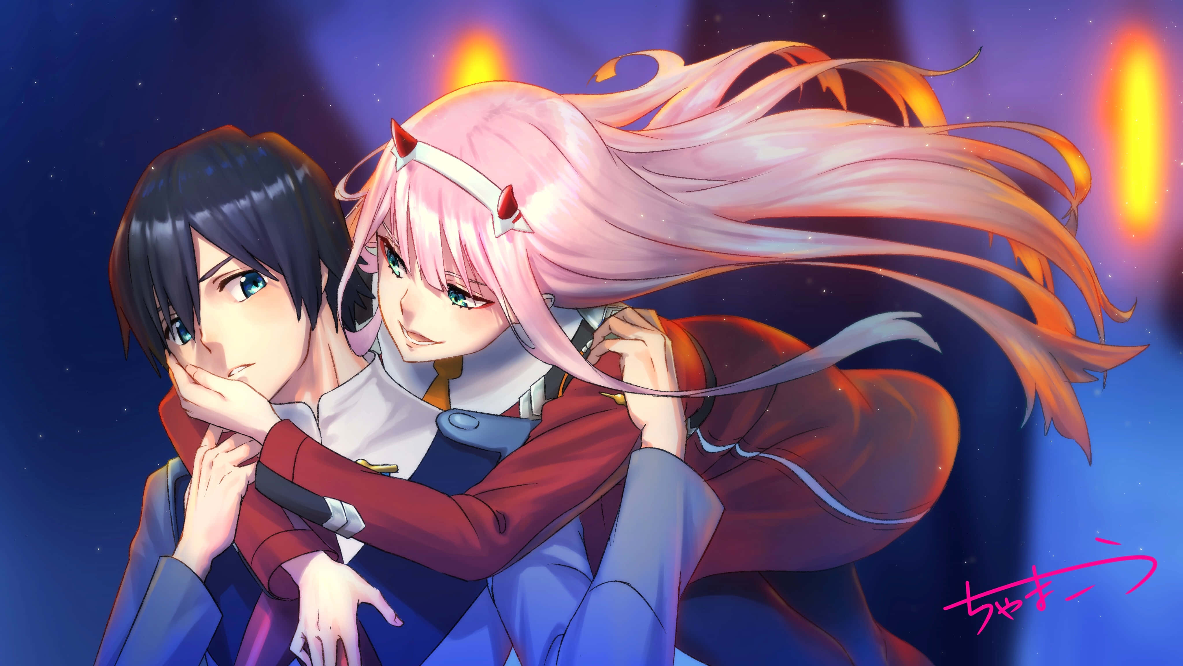 DARLING in the FRANXX 桌布 壁紙 — 一個粉紅色頭髮的動漫女孩在星空夜空下擁抱一個深色頭髮的男孩，背景有發光的橙色燈光。