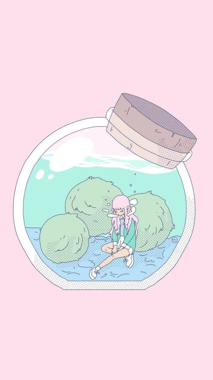 酷炫繪畫 桌布 壁紙 — 一個粉紅色頭髮的動漫女孩平靜地坐在一個有苔蘚石頭和水的魚缸裡，背景是柔和的粉紅色。