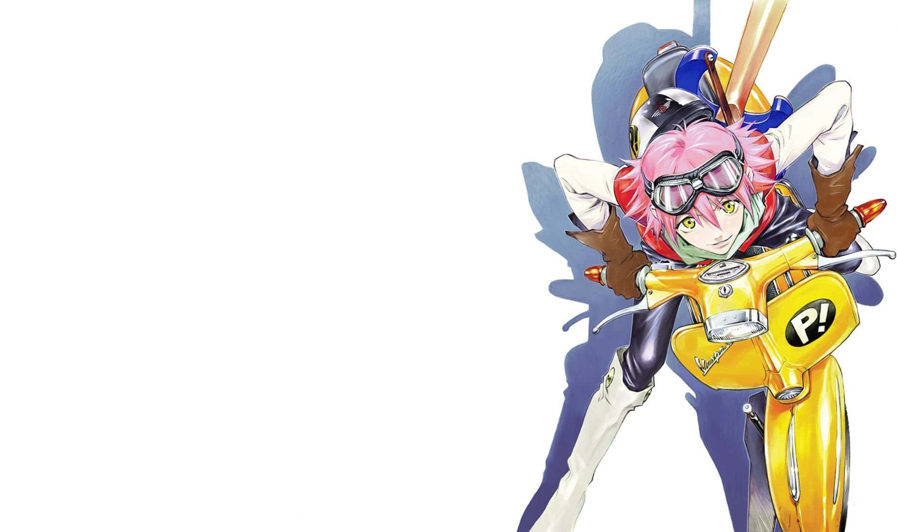 FLCL 桌布 壁紙 — 一個粉紅色頭髮的動漫女孩戴著護目鏡，在純白背景上騎著亮黃色滑板車，露出自信的笑容。