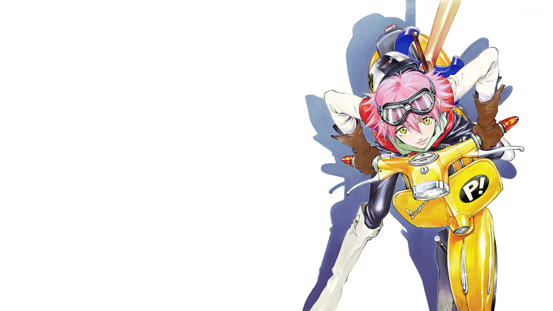 Flcl 桌布 壁紙 — 一個粉紅色頭髮的動漫女孩戴著護目鏡，騎著一輛帶有P!標誌的黃色滑板車，背景是純白色。