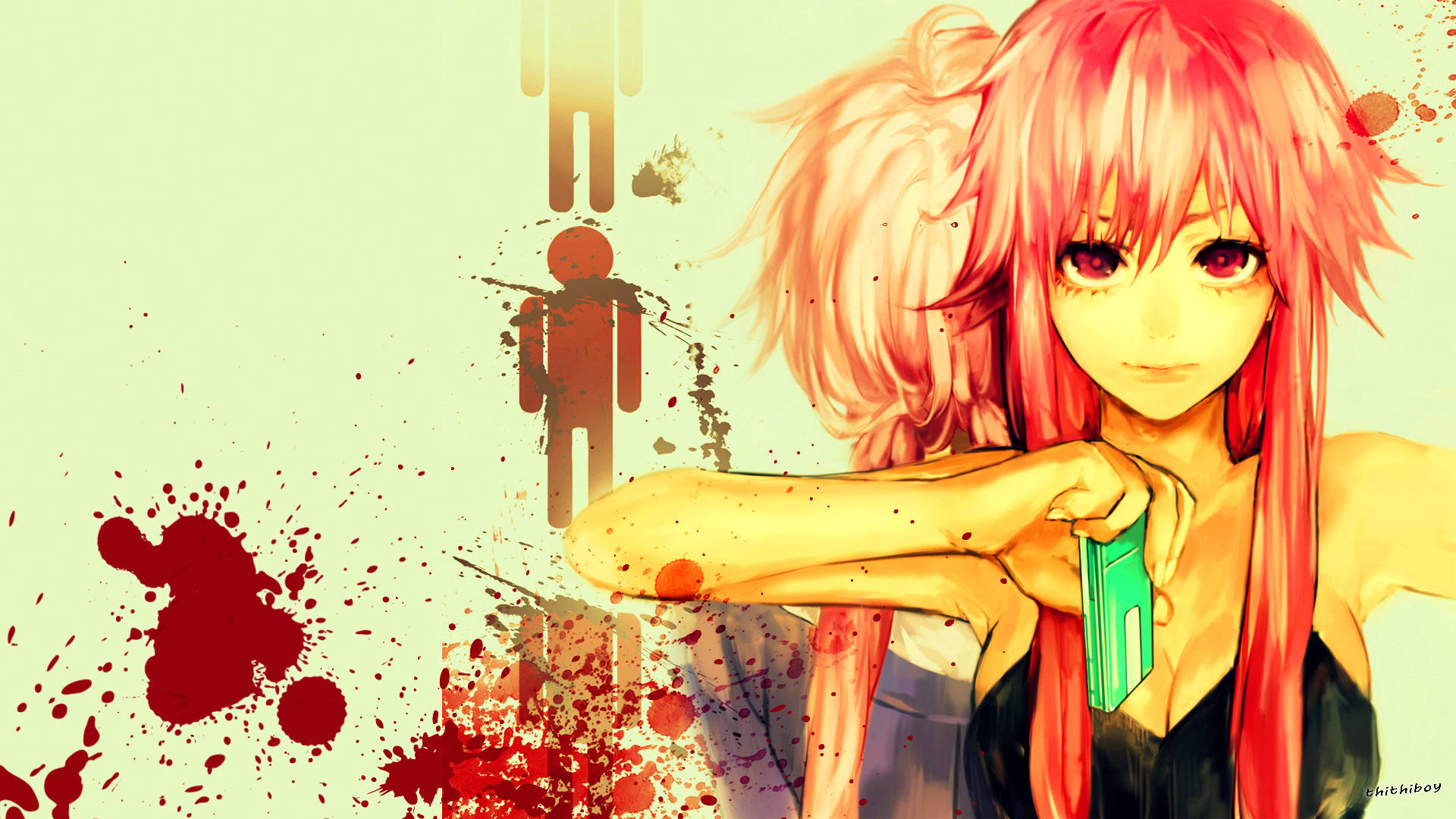 Yuno 桌布 壁紙 — 一個粉紅色頭髮的動漫女孩拿著一把綠色刀刃，紅色飛濺在淺色背景上，還有一個陰影人物。
