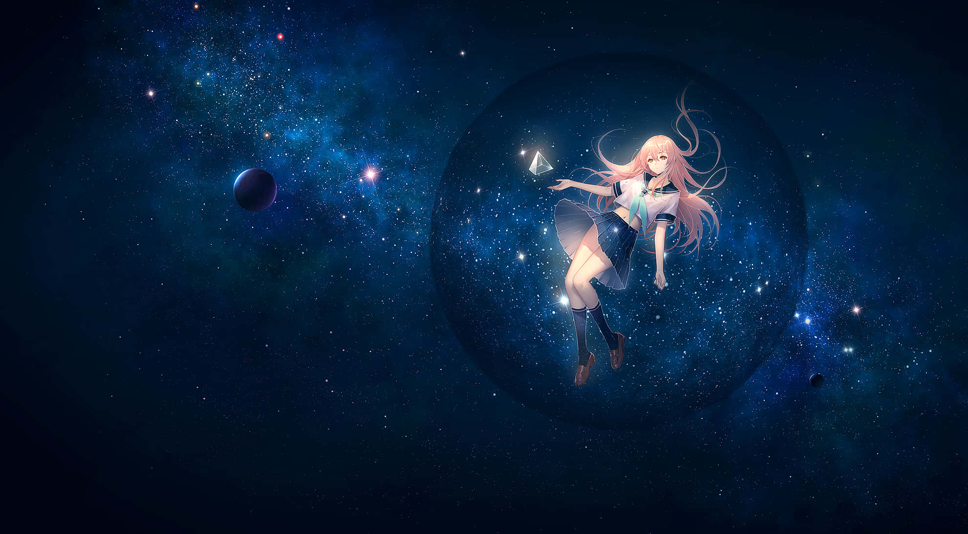 動漫女孩 桌布 壁紙 — 一個粉紅色頭髮的動漫女孩漂浮在一個佈滿星星的泡泡中，身處宇宙虛空，周圍有遙遠的行星。