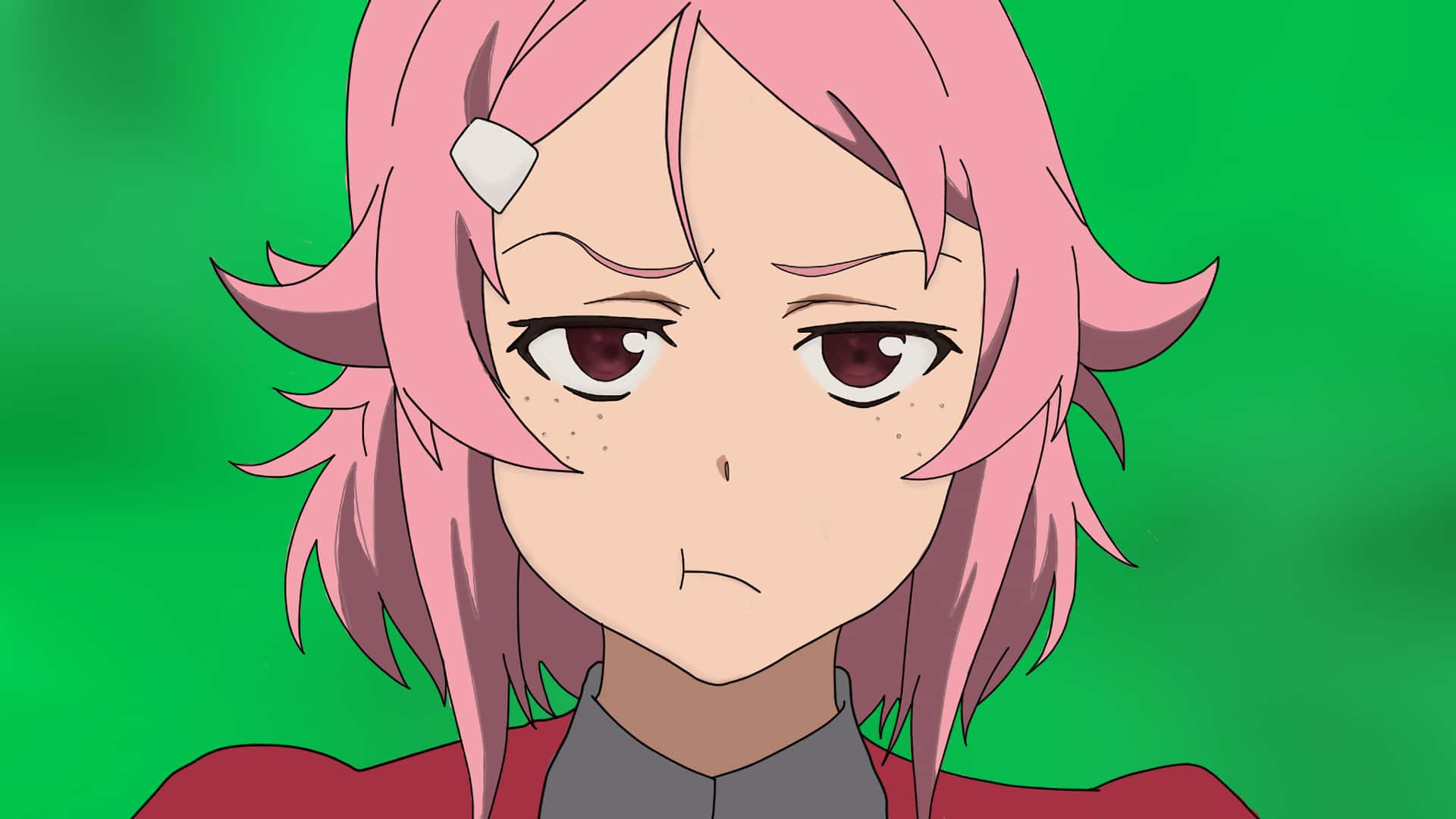 Sword Art Online Lisbeth 桌布 壁紙 — 一個粉紅色頭髮的動漫女孩特寫，表情嚴肅，背景為純綠色。