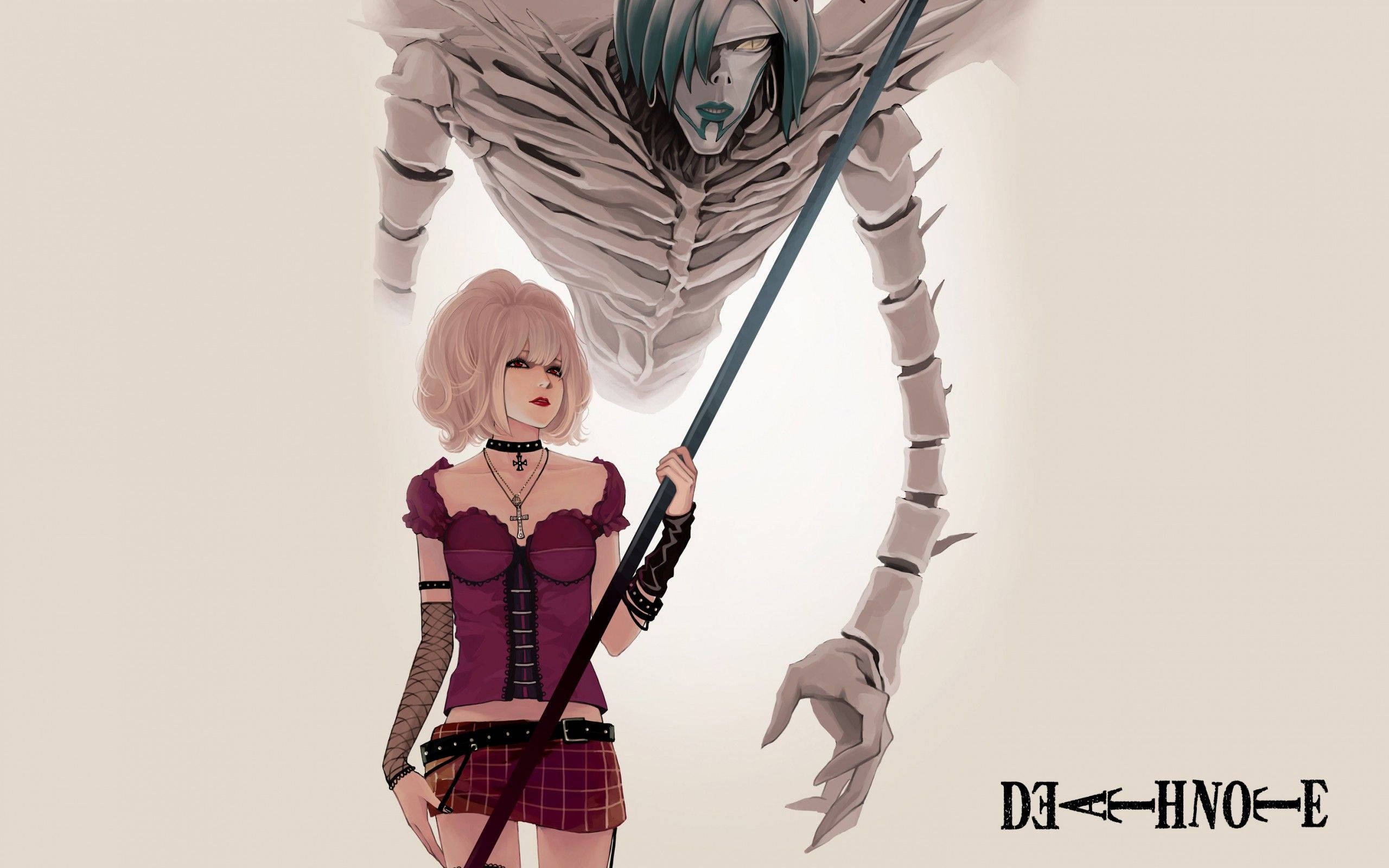Misa 桌布 壁紙 — 一個粉紅色頭髮的動漫女孩穿著哥德式服裝，手持法杖對抗一個綠色頭髮的骷髏身影。