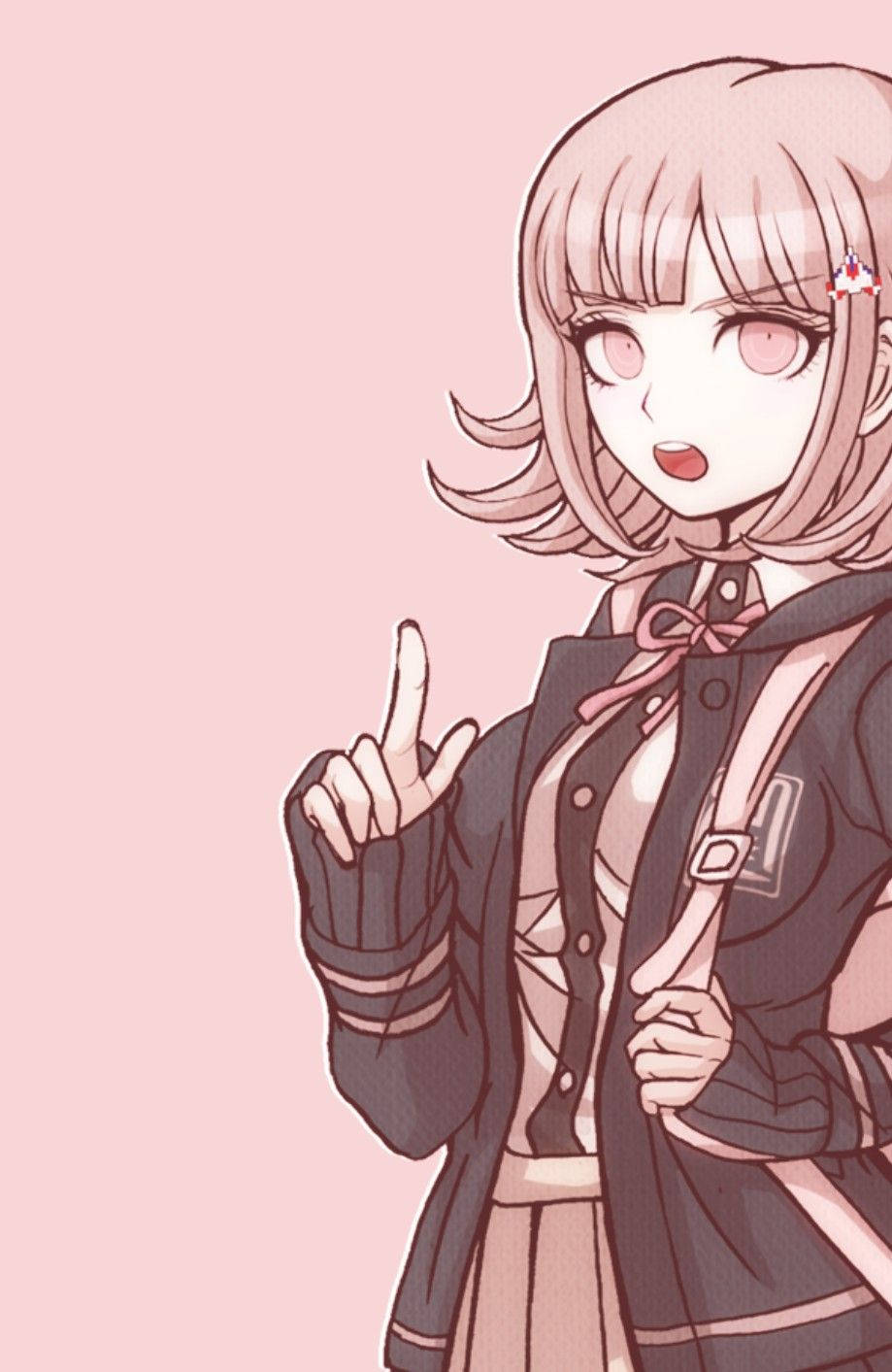 動漫女孩 桌布 壁紙 — 一個粉紅色頭髮的動漫女孩穿著校服，指向上方，表情驚訝，背景是純粉紅色。
