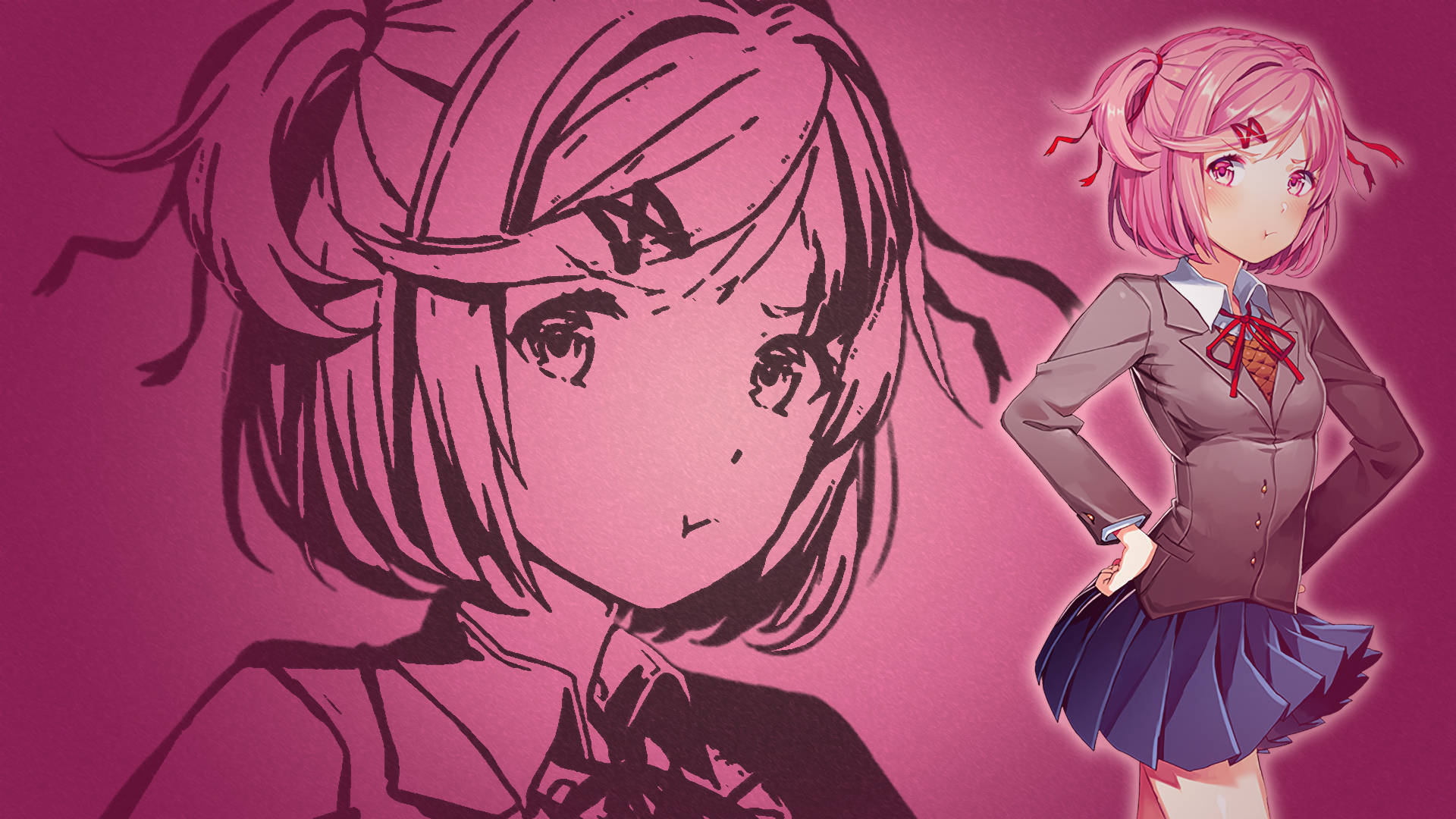 literature 桌布 壁紙 — 一個粉紅色頭髮的動漫女孩穿著校服，自信地站在一個素描風格肖像旁邊，背景是充滿活力的洋紅色。
