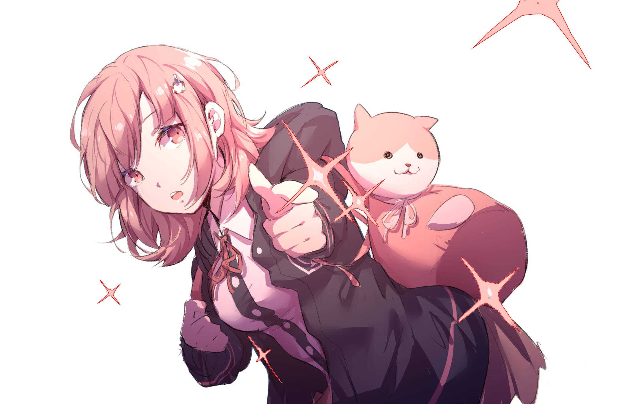 Chiaki 桌布 壁紙 — 一個粉紅色頭髮的動漫女孩穿著深色服裝，豎起大拇指，同時抱著一個可愛的粉紅色貓咪絨毛玩具，周圍有閃光。