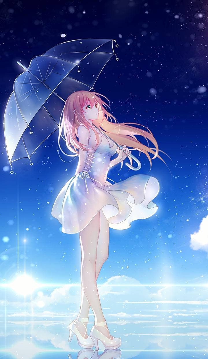 粉紅色頭髮的動漫女孩在繁星點點的藍天白雲和發光的光線中拿著透明雨傘。 — 動畫風景 壁紙