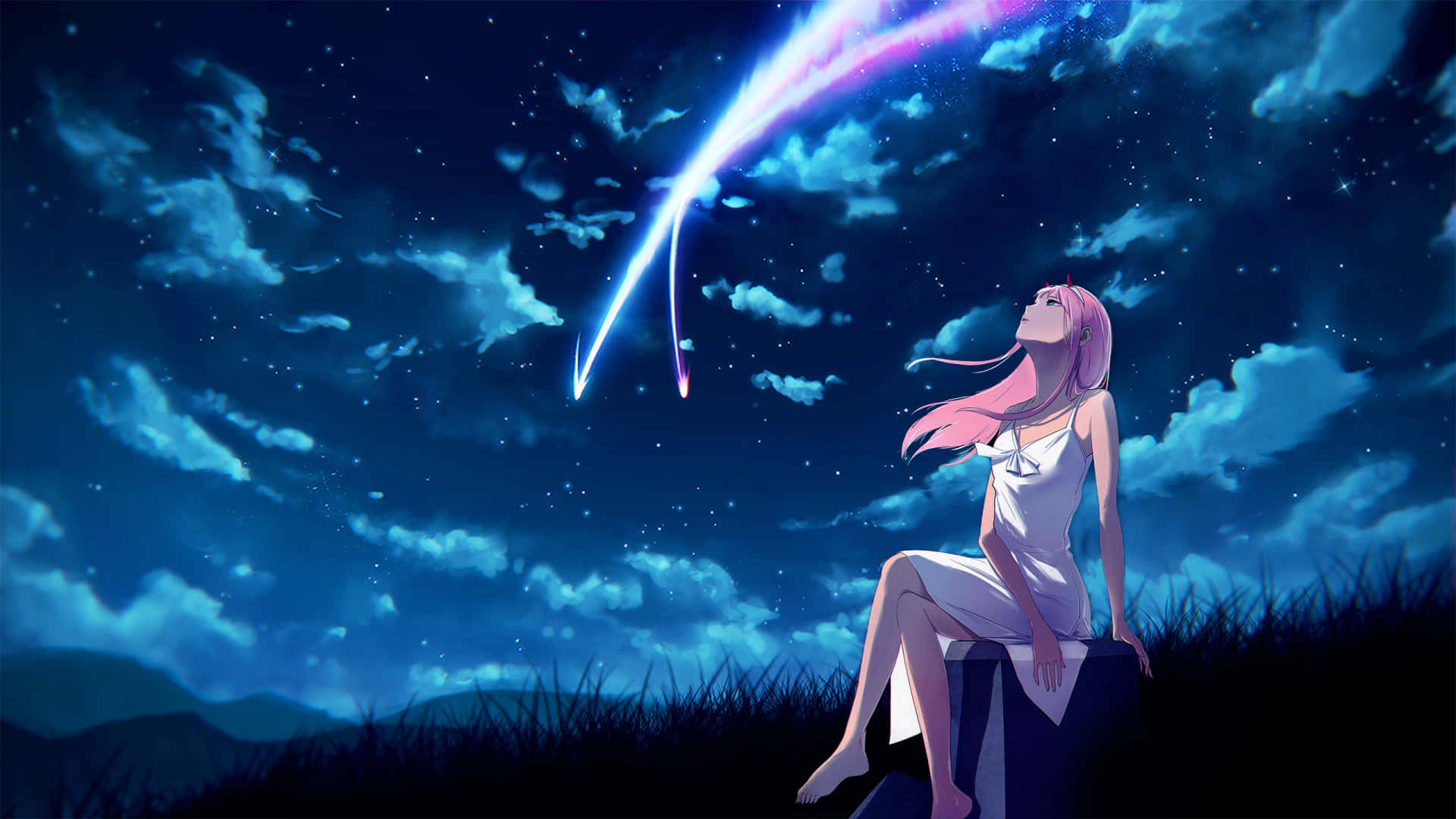 DARLING in the FRANXX 桌布 壁紙 — 一個粉紅色頭髮的動漫女孩穿著白色連衣裙坐在岩石上，凝視著一顆充滿活力的紫色和藍色流星劃過繁星點點的夜空。