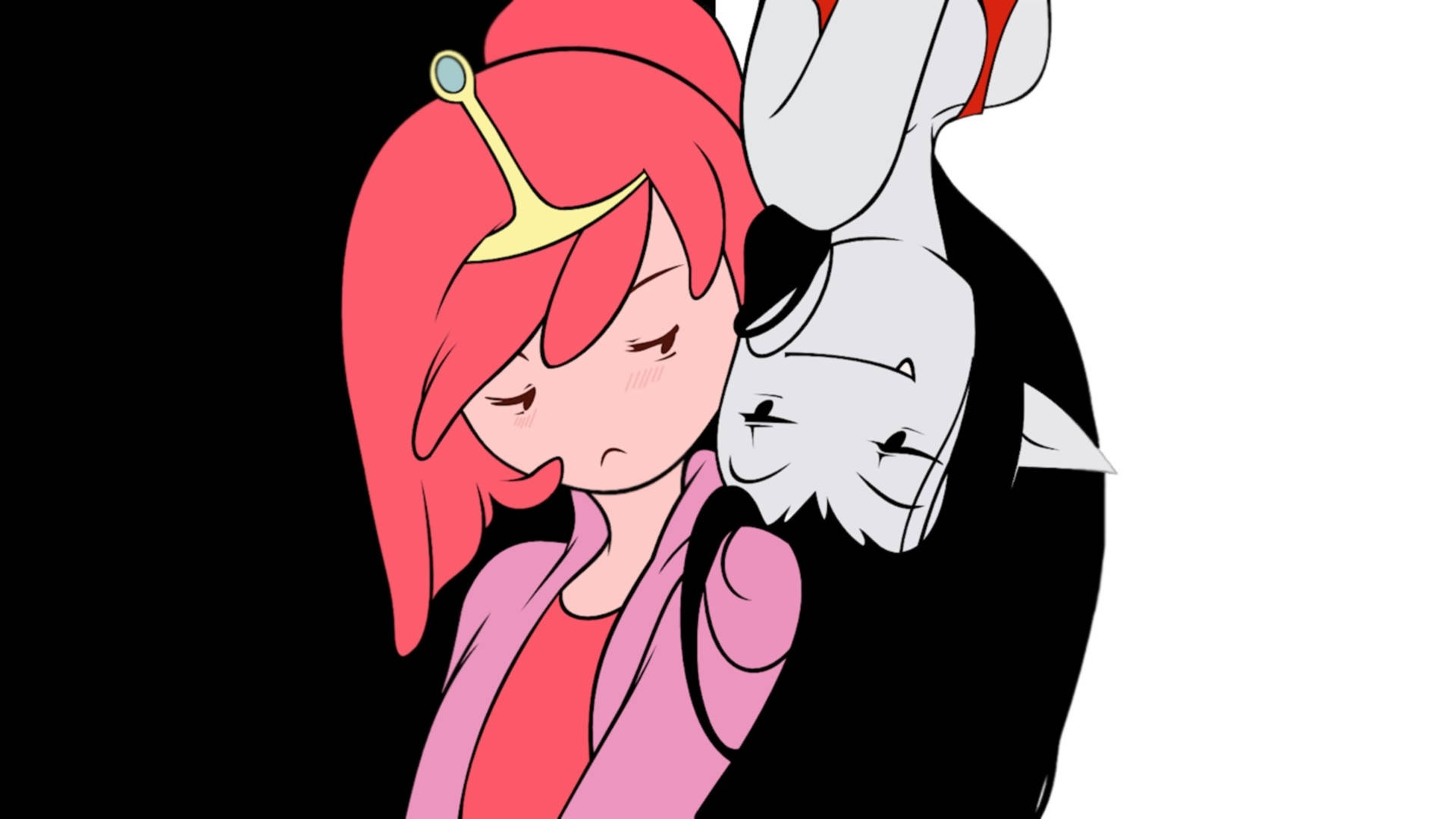 Princess 桌布 壁紙 — 一個粉紅色頭髮的動漫女孩穿著粉紅色外套，在黑白背景下擁抱一隻帶有黑色斑紋的白貓。