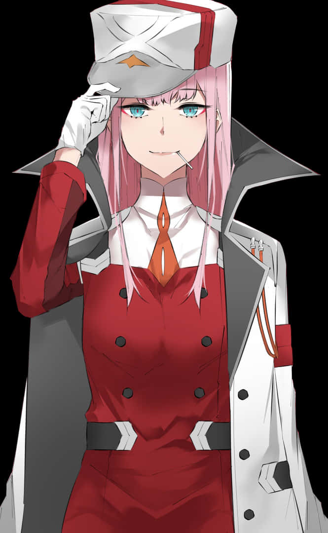 動漫 桌布 壁紙 — 一個粉紅色頭髮的動漫女孩穿著紅白軍服，嘴裡叼著煙，在黑色背景前敬禮。