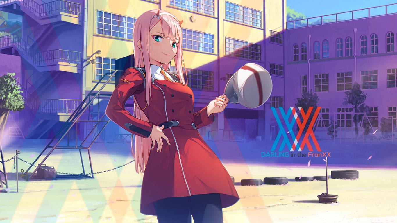DARLING in the FRANXX 桌布 壁紙 — 一個粉紅色頭髮的動漫女孩穿著紅色外套，拿著帽子，站在色彩繽紛的校園裡，天空充滿活力。