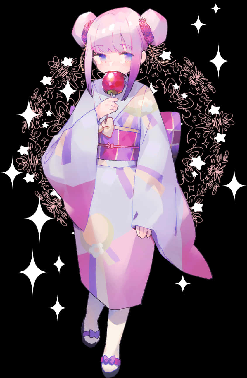動漫 桌布 壁紙 — 一個粉紅色頭髮的動漫女孩穿著紫色和服，在黑色背景上拿著紅色棒棒糖，背景有閃爍的星星和花卉圖案。
