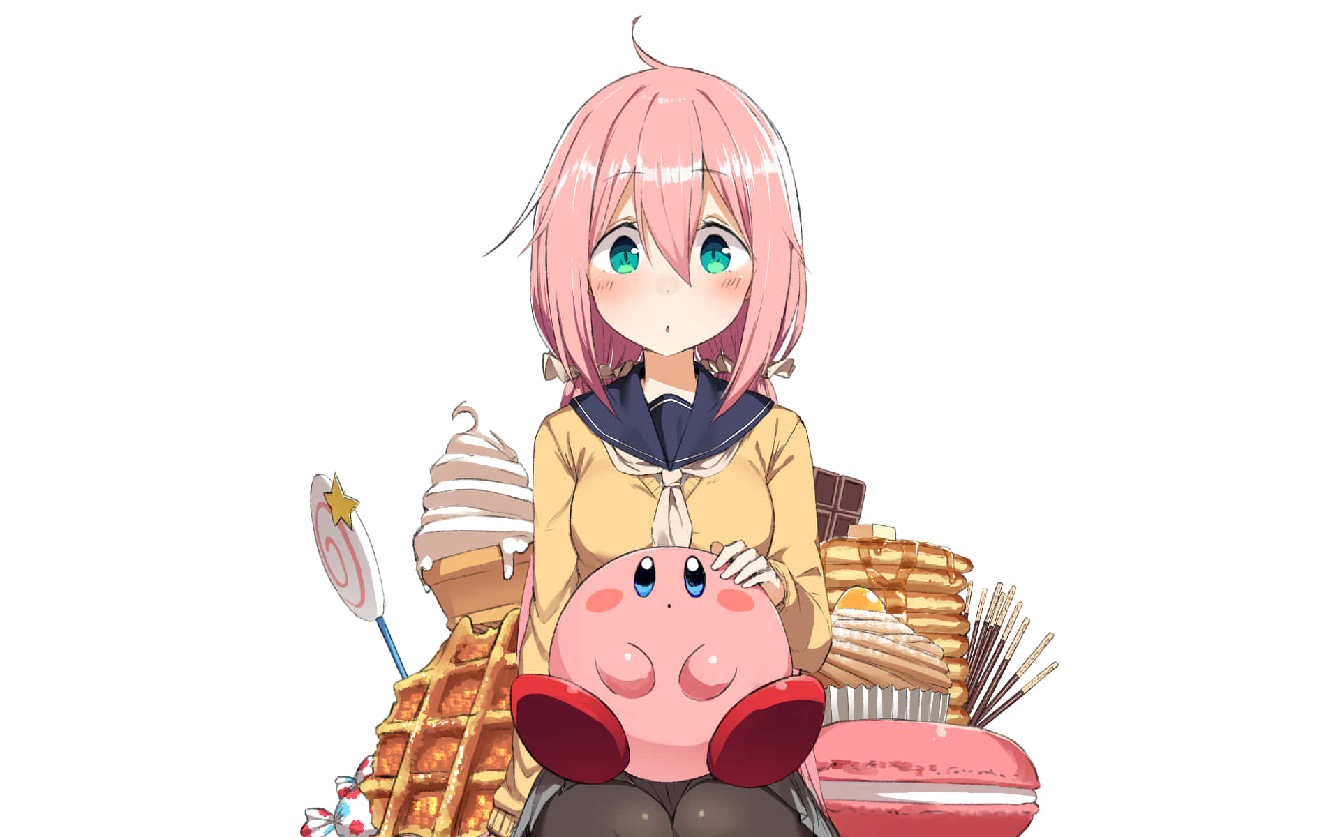 Laid Back Camp 桌布 壁紙 — 一個粉紅色頭髮的動漫女孩穿著黃色水手服，坐在被糖果包圍的環境中，抱著一個粉紅色的卡比角色。