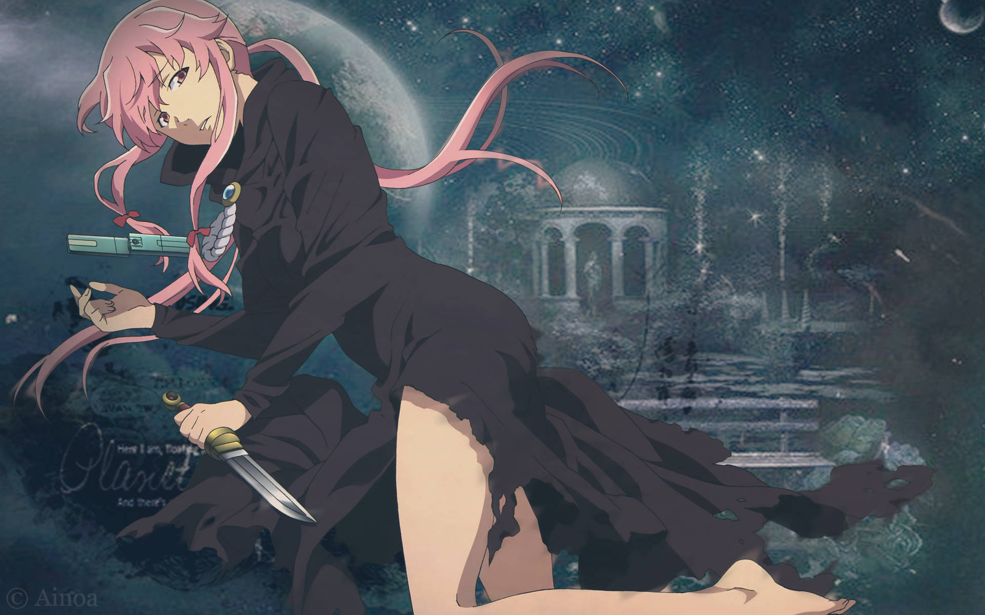 Yuno 桌布 壁紙 — 一個粉紅色頭髮的動漫女孩穿著黑色外套，在月光下的天空下跪著拿著匕首，背景是一座廢墟寺廟。