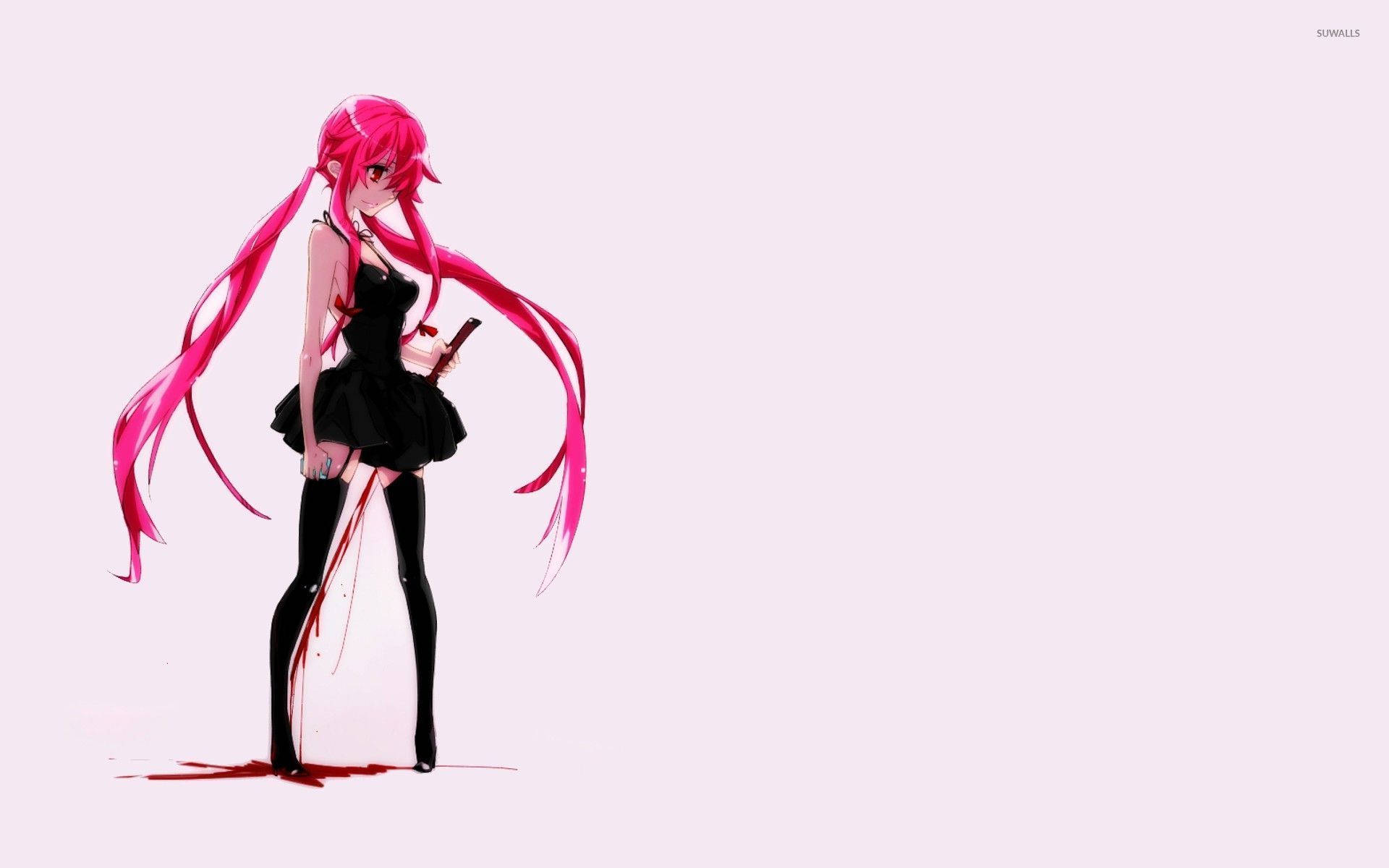 Yuno 桌布 壁紙 — 一個粉紅色頭髮的動漫女孩穿著黑色連衣裙，在淡粉色背景上拿著一把沾滿血的劍。