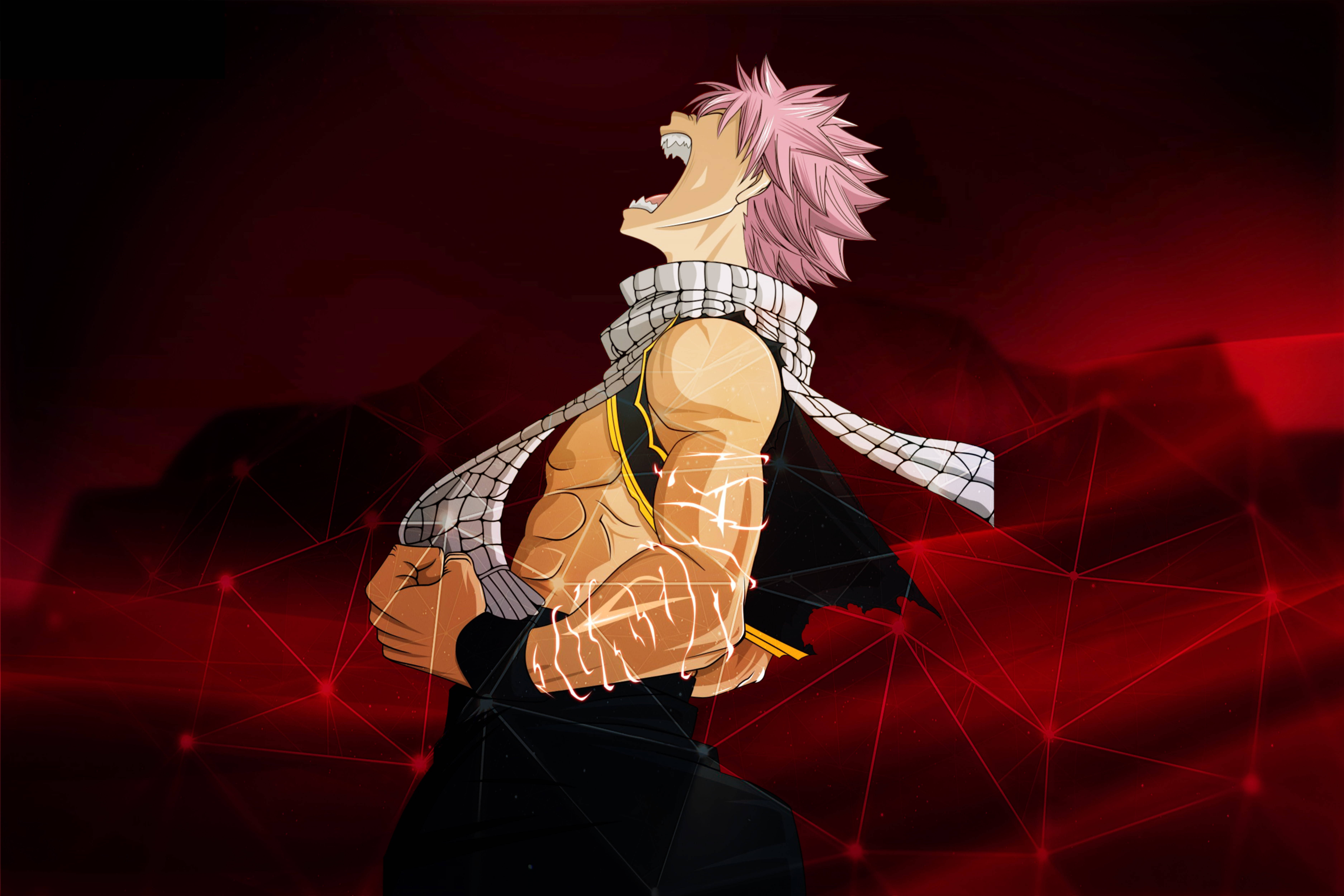 Fairy Tail Characters 桌布 壁紙 — 一個粉紅色頭髮的動漫戰士咆哮著，發光的能量在他肌肉發達的軀幹上劈啪作響，背景是深紅色的幾何圖案。